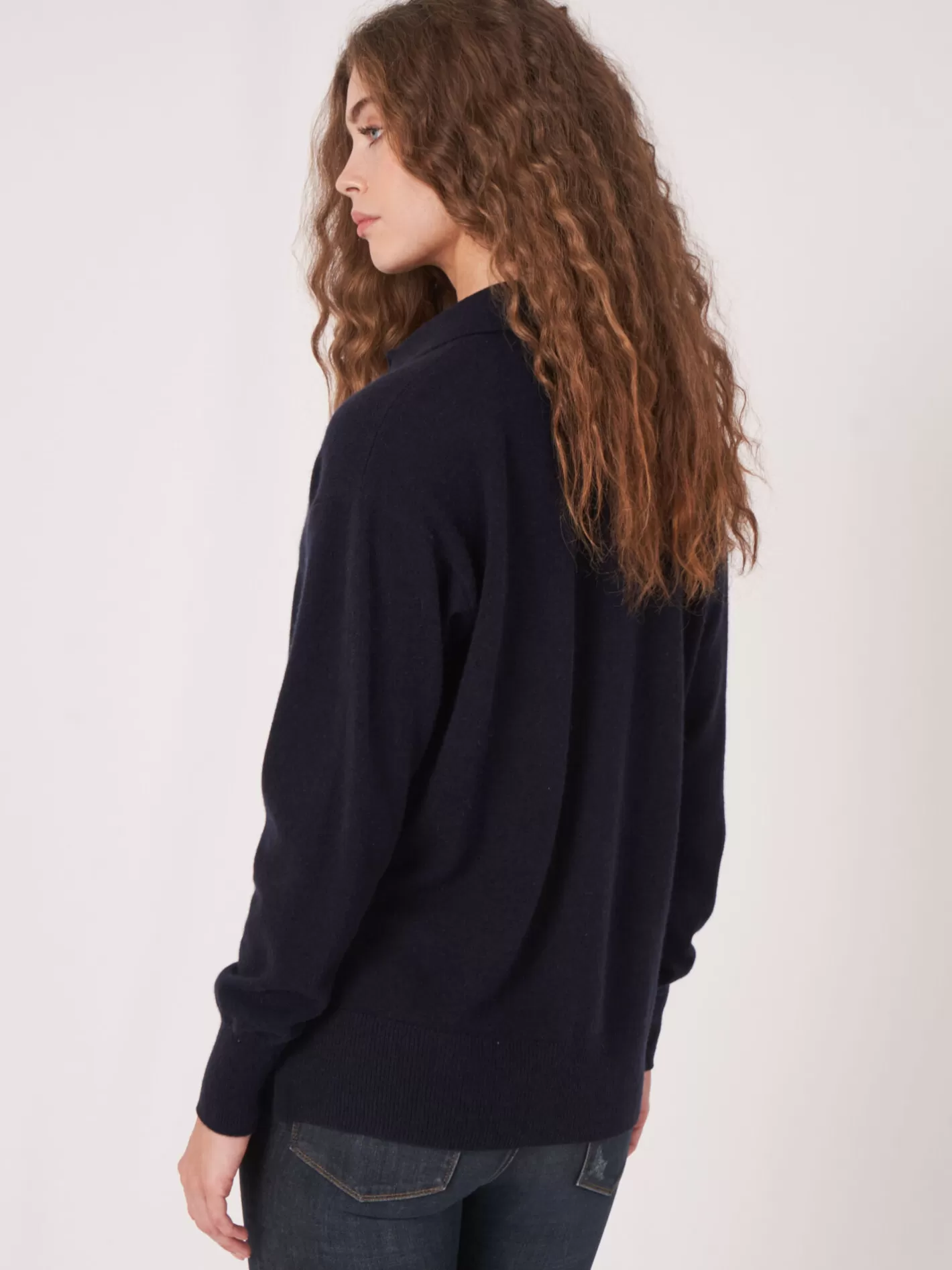 Organic Cashmere<REPEAT cashmere Polo Neck Organic Cashmere Sweater With Side Slits Navy