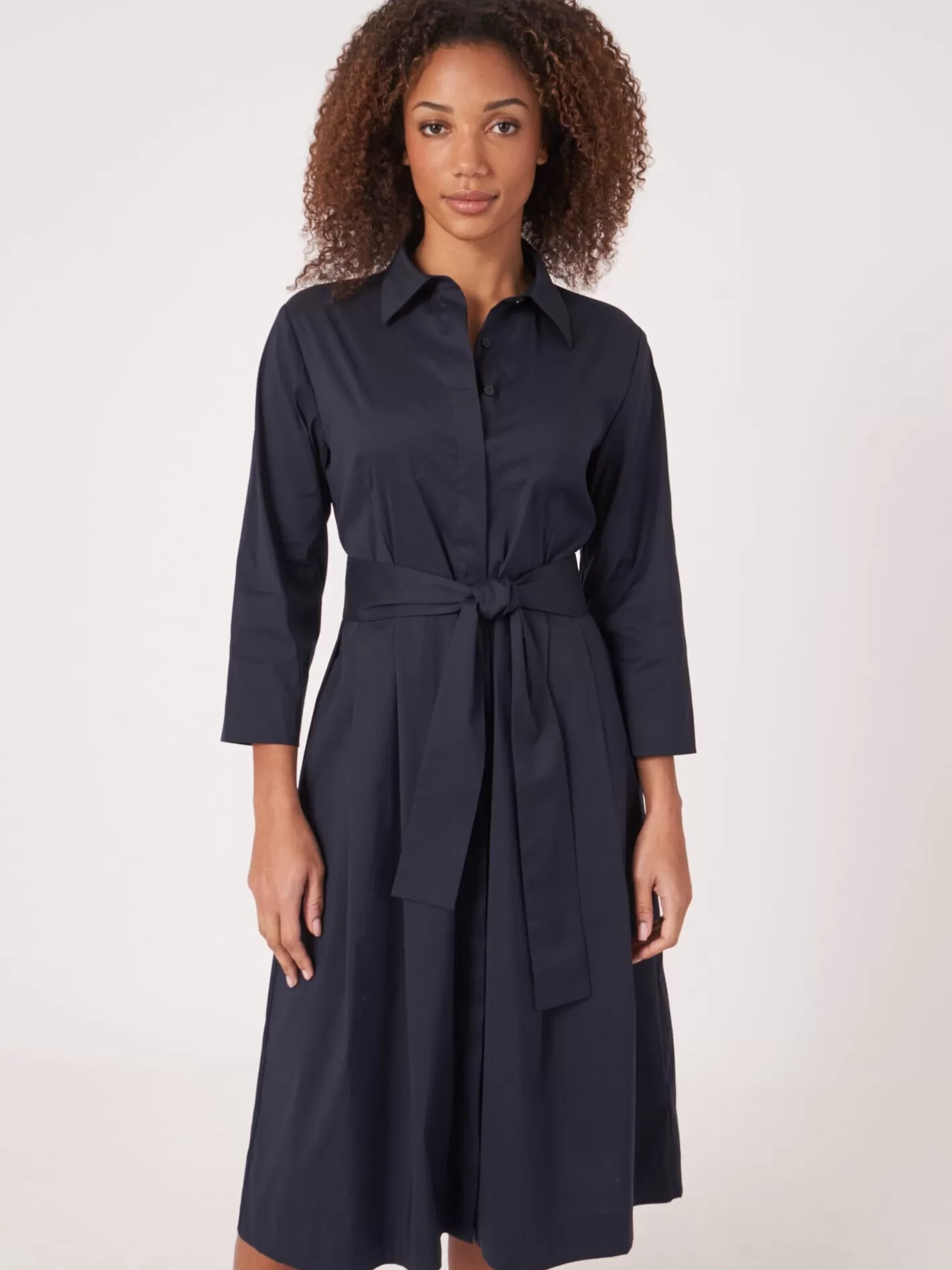 Dresses & Skirts<REPEAT cashmere Poplin Shirt Dress With Belt Navy