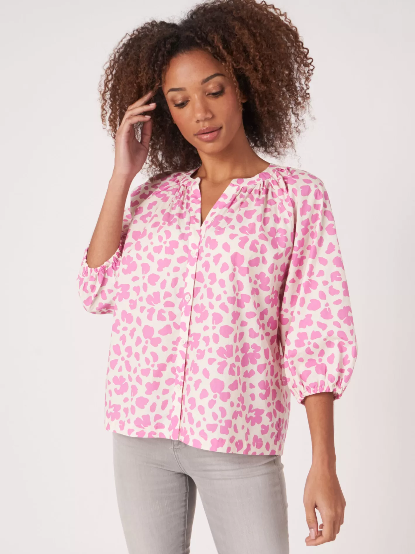 Blouses<REPEAT cashmere Puff Sleeve Cotton Blouse With Floral Print Blossom