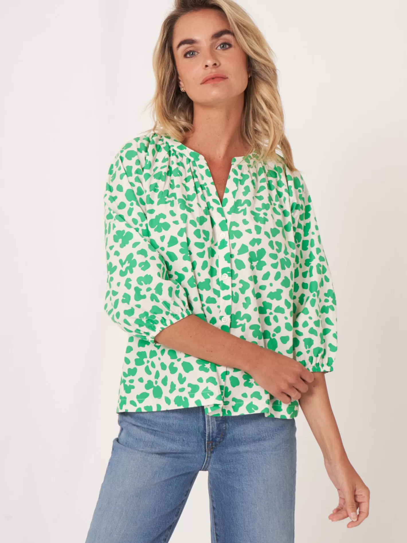 Blouses<REPEAT cashmere Puff Sleeve Cotton Blouse With Floral Print Basil