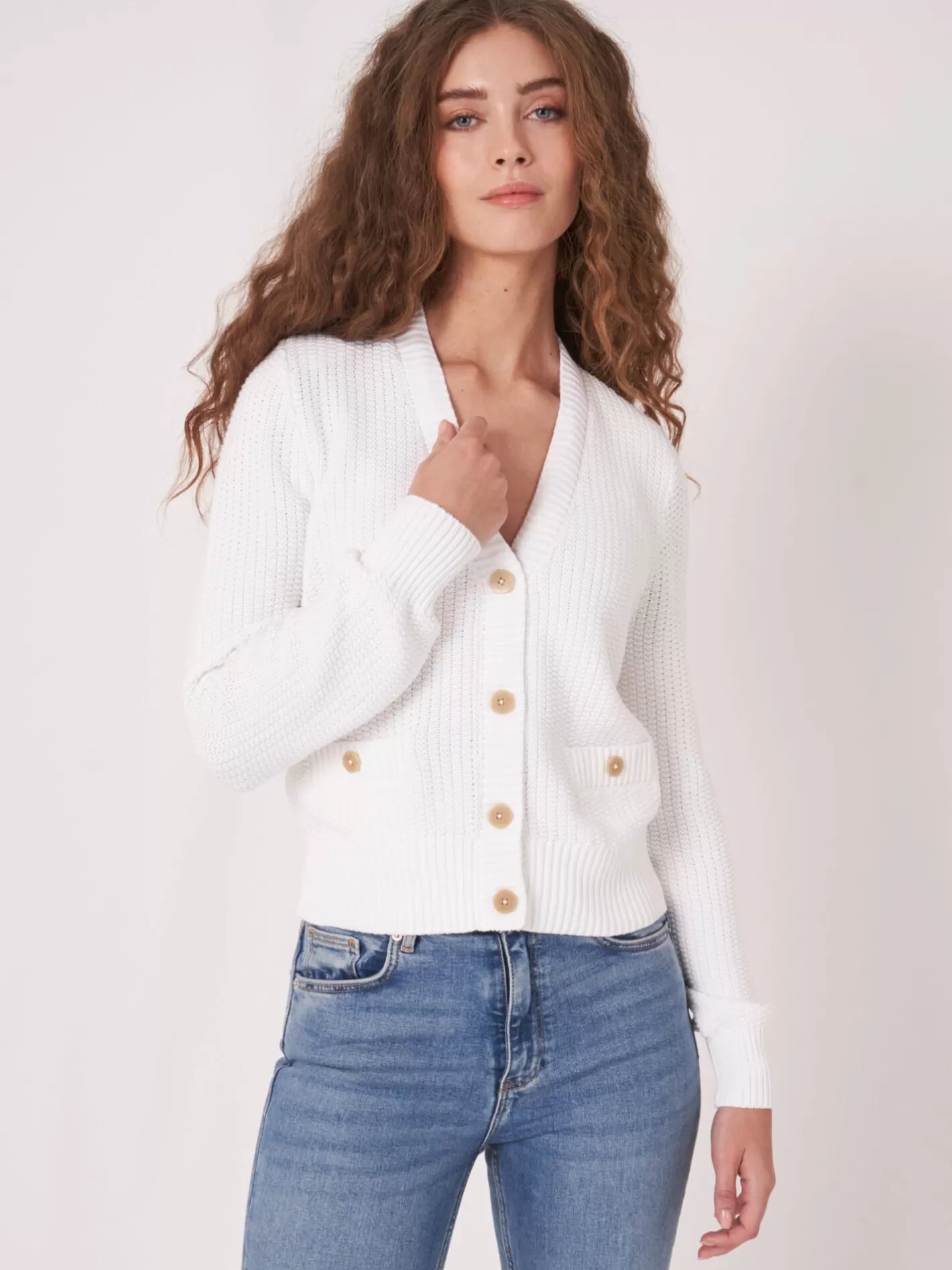 Cardigans<REPEAT cashmere Pure Cotton Rib Knit Cardigan White