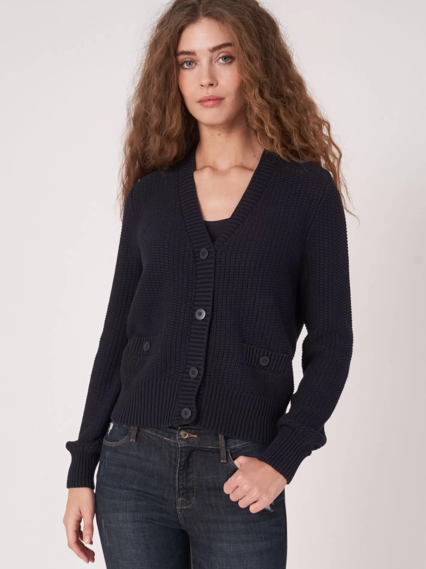 Cardigans<REPEAT cashmere Pure Cotton Rib Knit Cardigan Navy