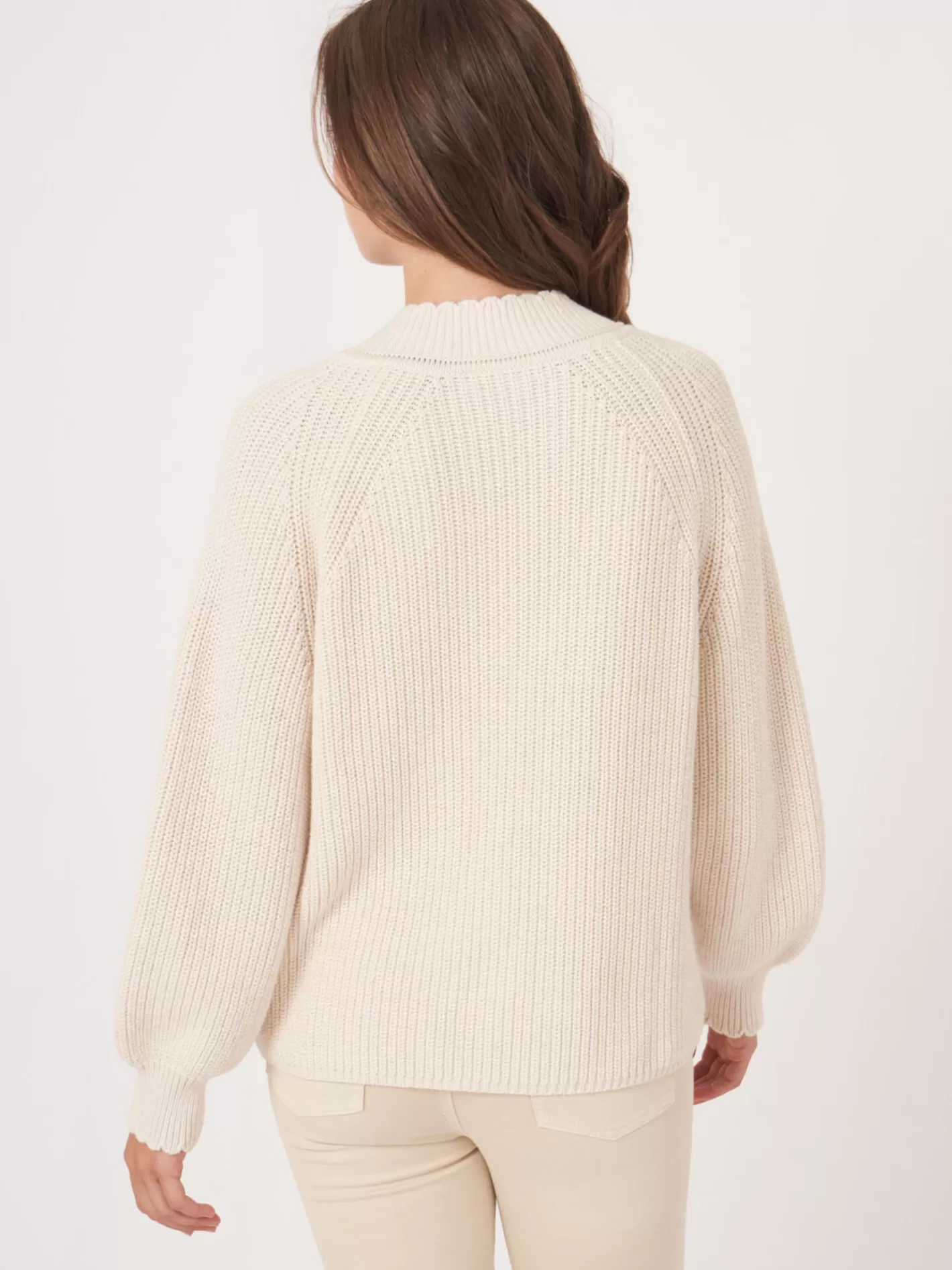 Sweaters<REPEAT cashmere Pure Cotton Rib Knit V-Neck Sweater With Scalloped Edge Ivory