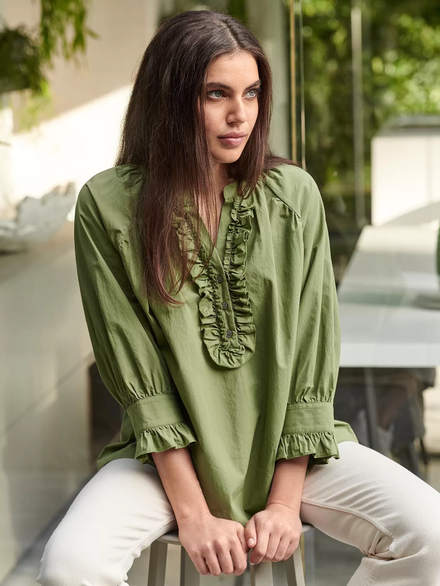 Repeats Favorites<REPEAT cashmere Pure Cotton Ruffle Blouse Matcha