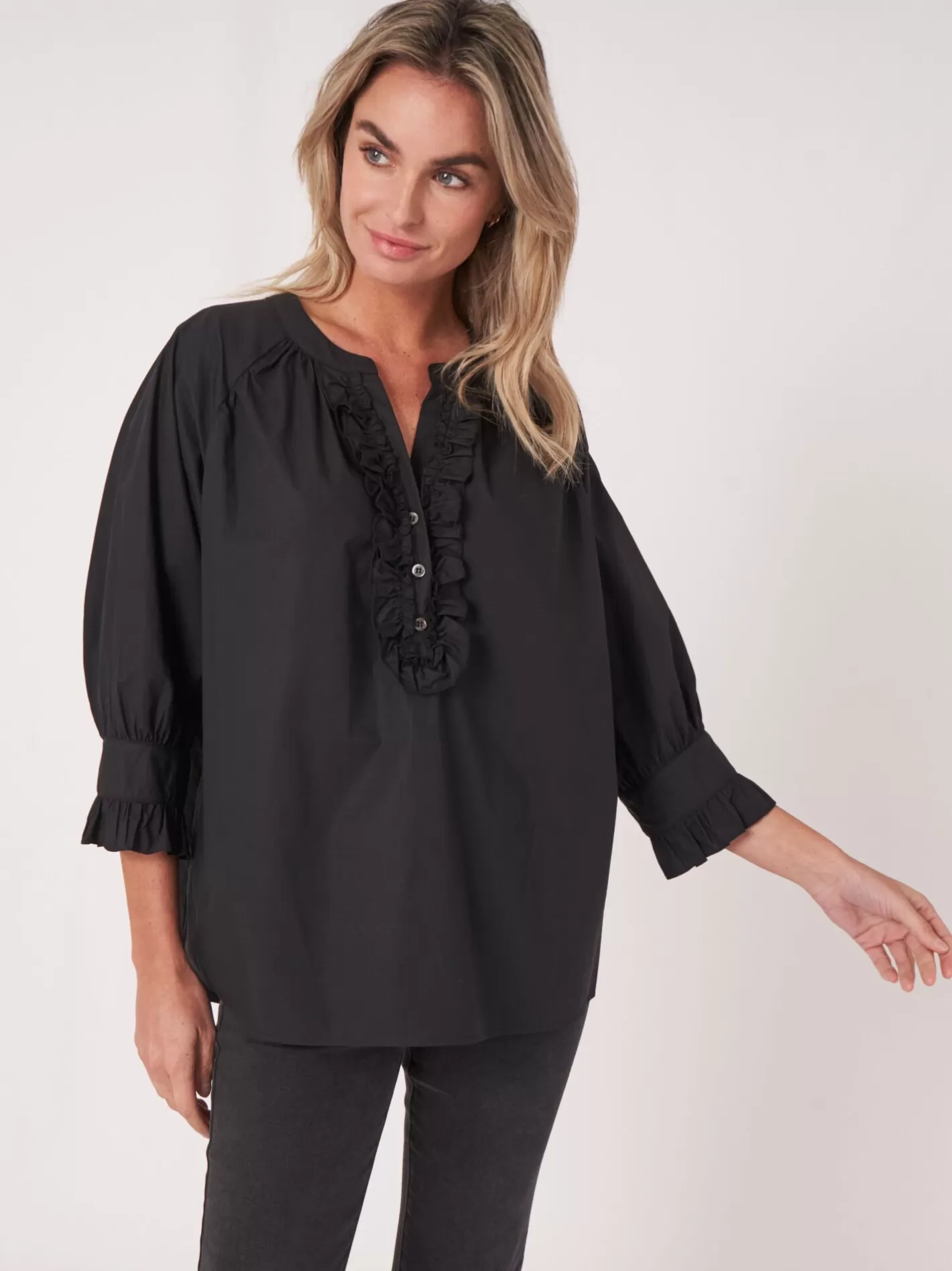 Blouses<REPEAT cashmere Pure Cotton Ruffle Blouse Black