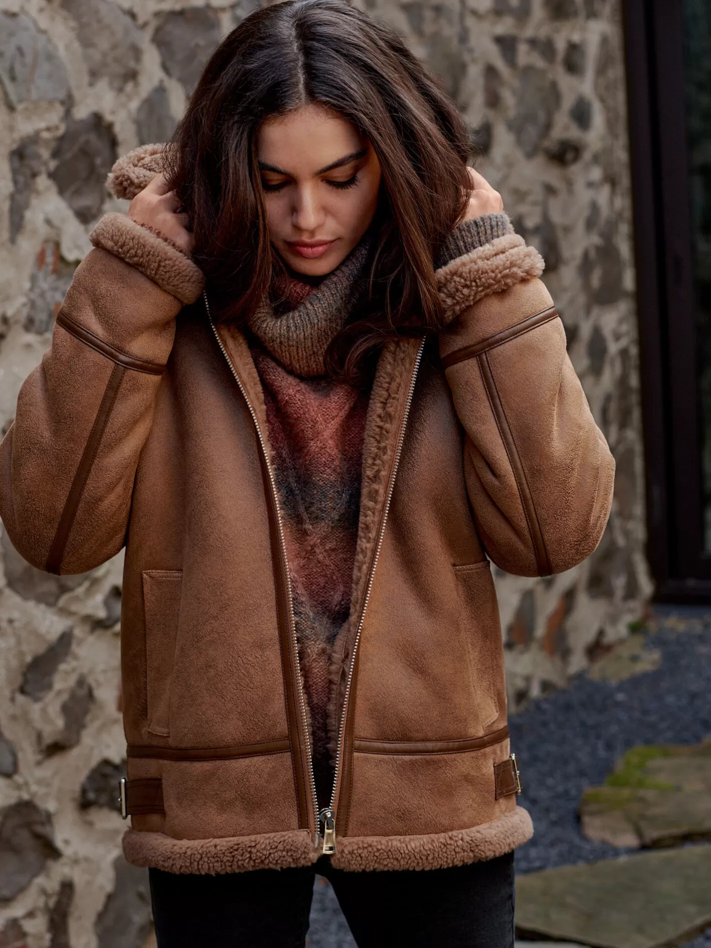 Coats<REPEAT cashmere Reversible Faux Shearling Biker Jacket Camel