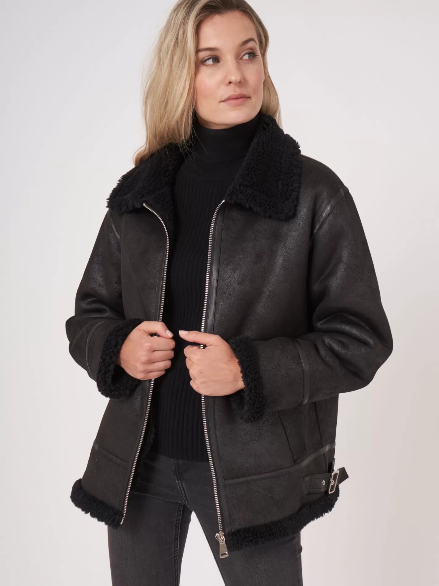 Coats<REPEAT cashmere Reversible Faux Shearling Biker Jacket Black