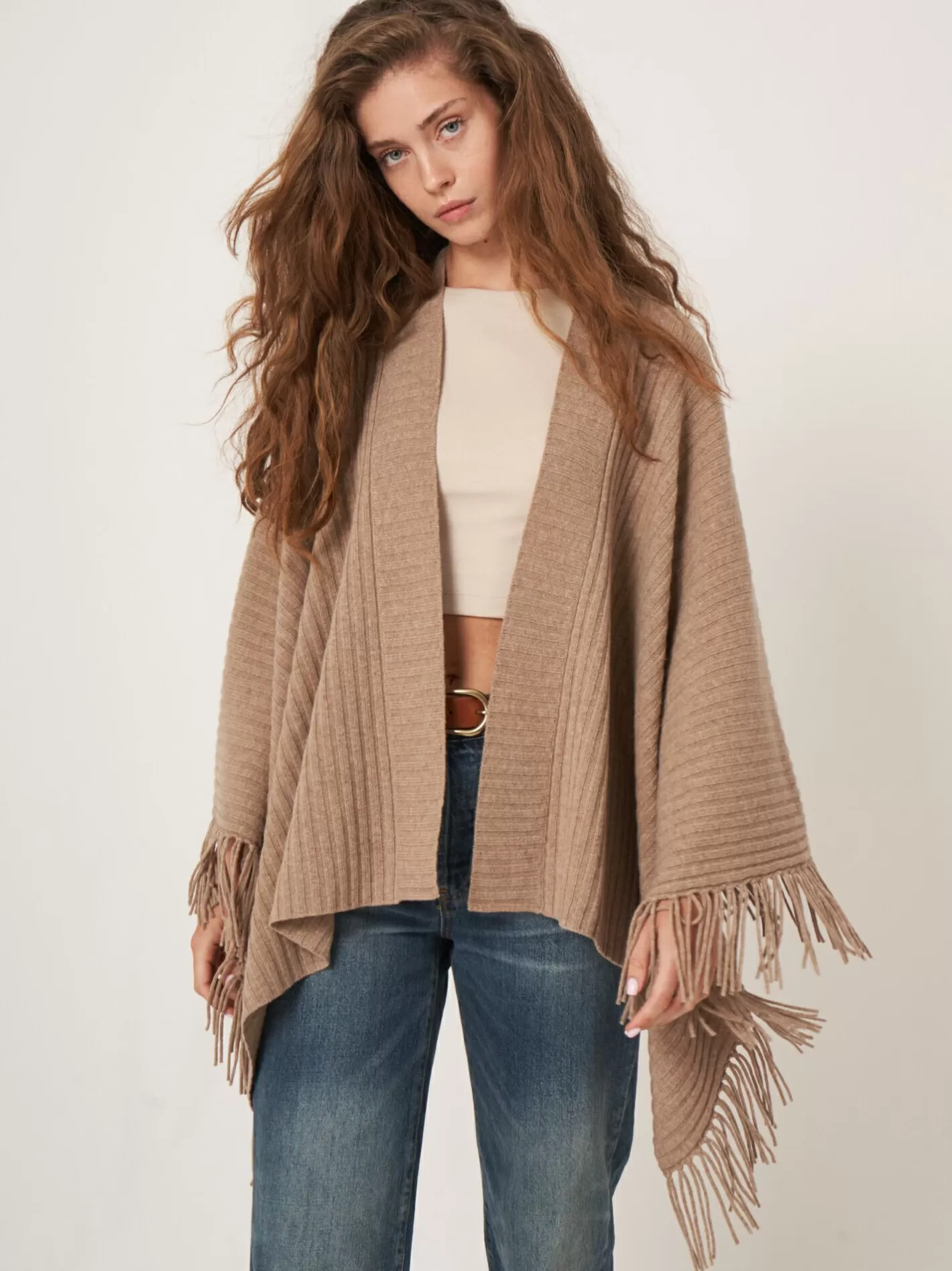 Ponchos<REPEAT cashmere Rib Knit Cape With Fringes Taupe