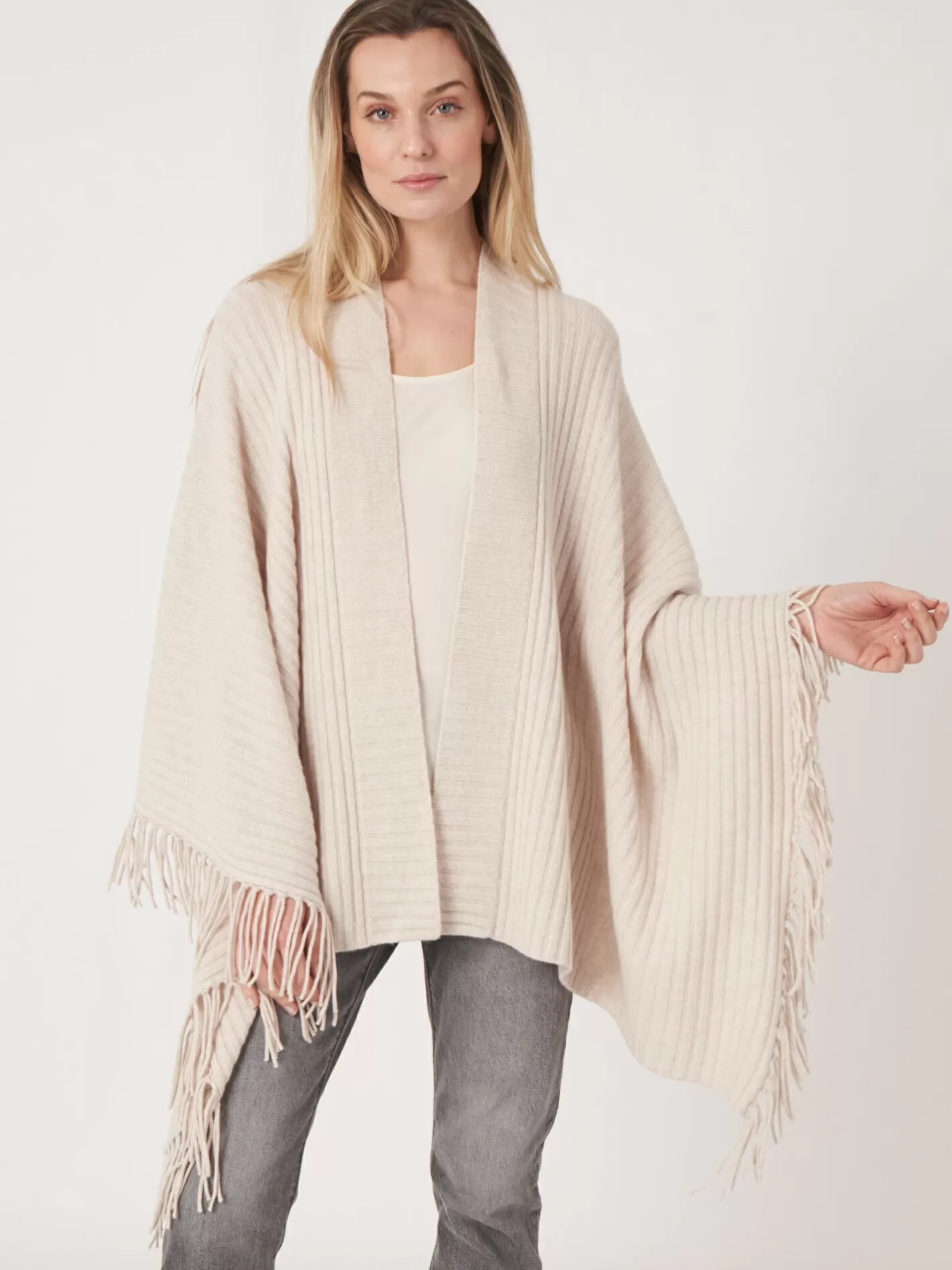 Ponchos<REPEAT cashmere Rib Knit Cape With Fringes Moondust