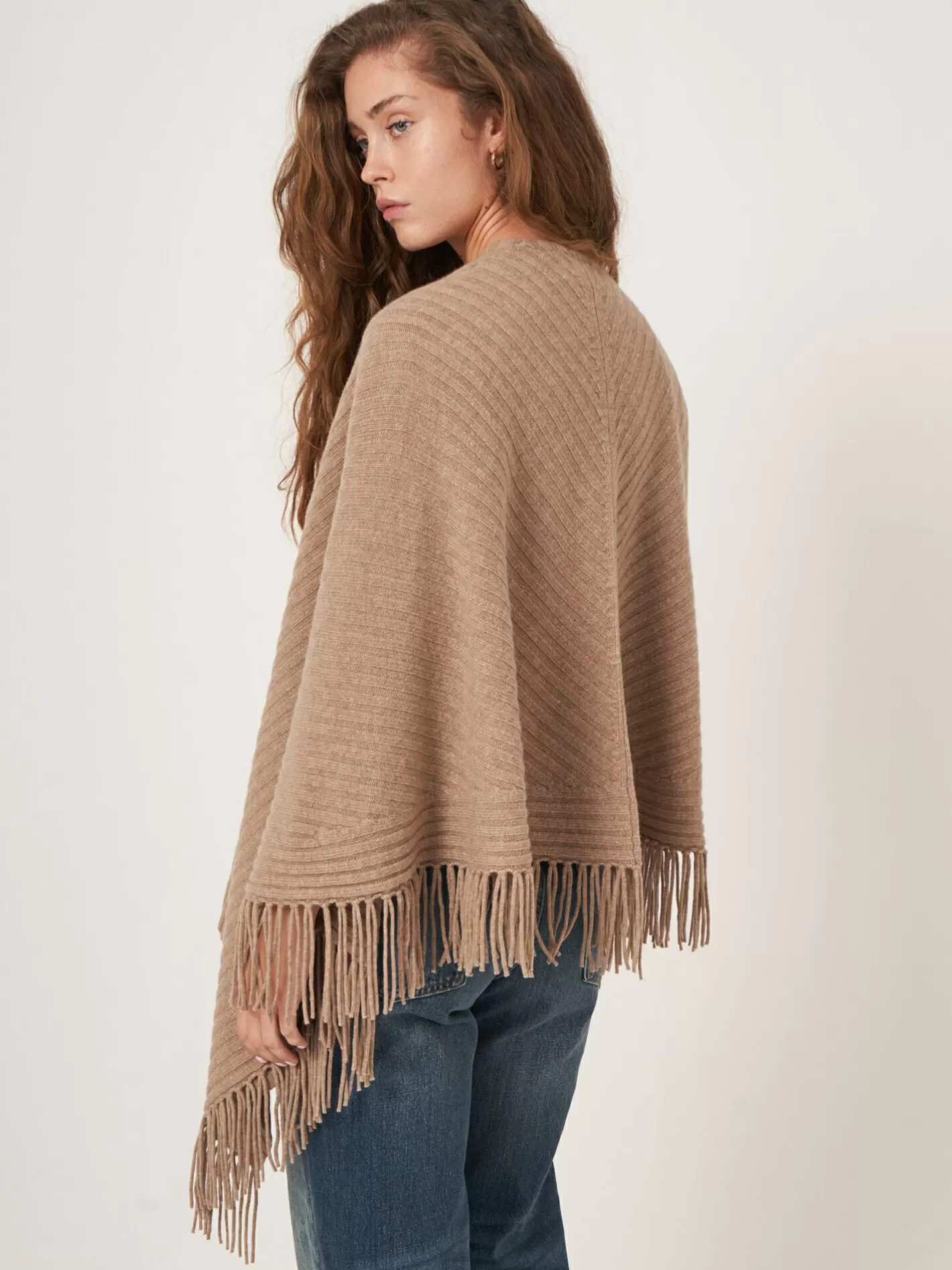 Ponchos<REPEAT cashmere Rib Knit Cape With Fringes Taupe