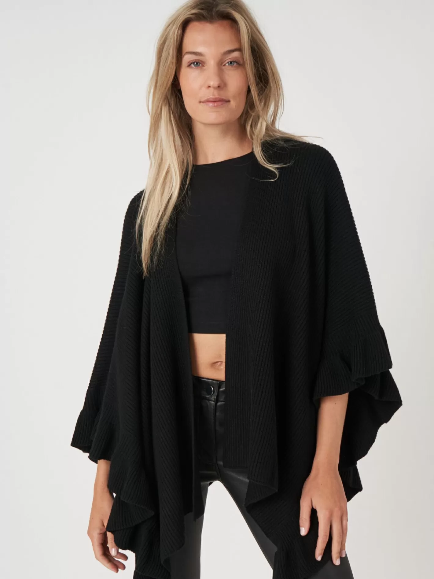 Ponchos<REPEAT cashmere Rib Knit Cape With Ruffle Black