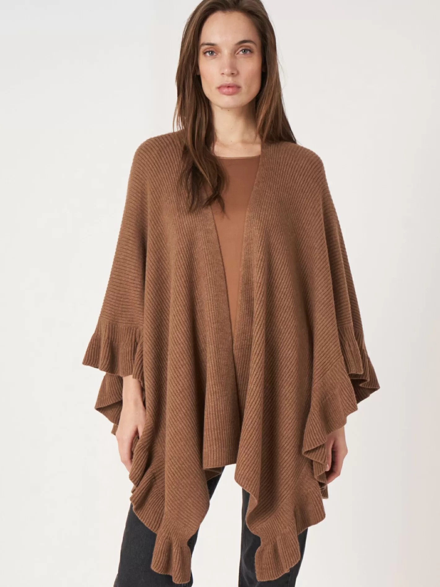 Ponchos<REPEAT cashmere Rib Knit Cape With Ruffle Hazel