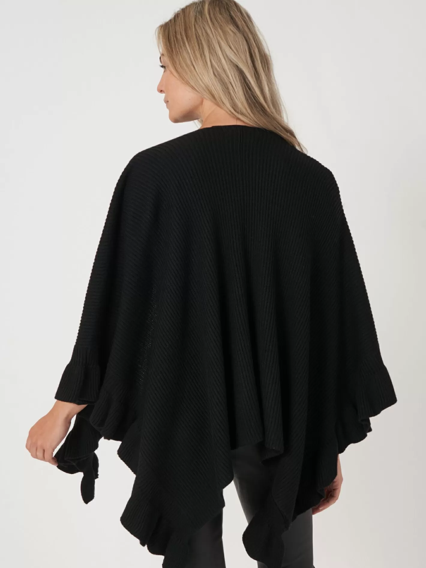 Ponchos<REPEAT cashmere Rib Knit Cape With Ruffle Black