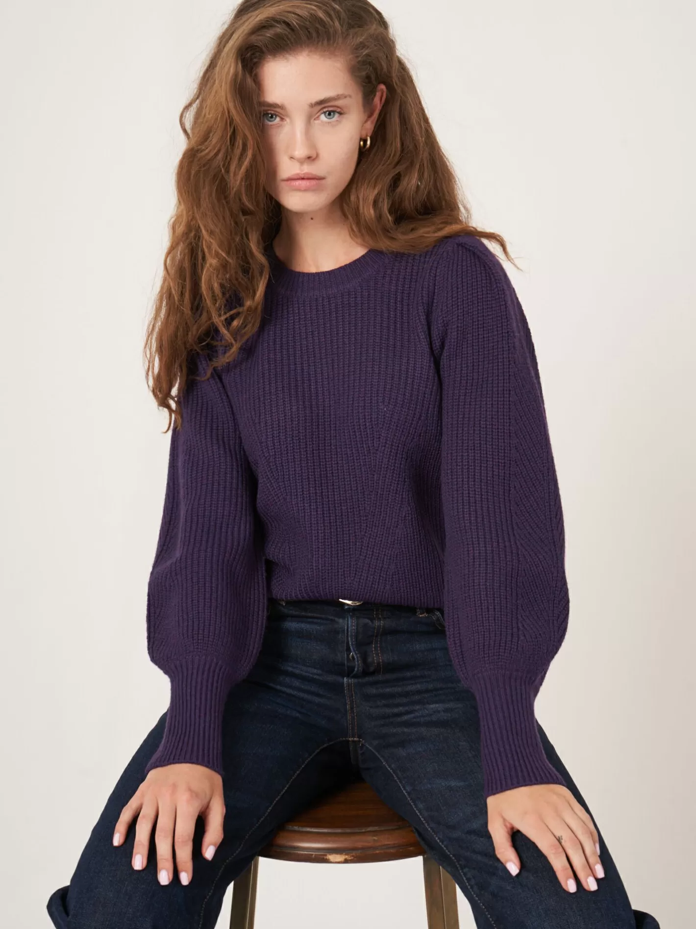 Sweaters<REPEAT cashmere Rib Knit Merino Wool Pullover With Pleated Shoulder Detail Purple