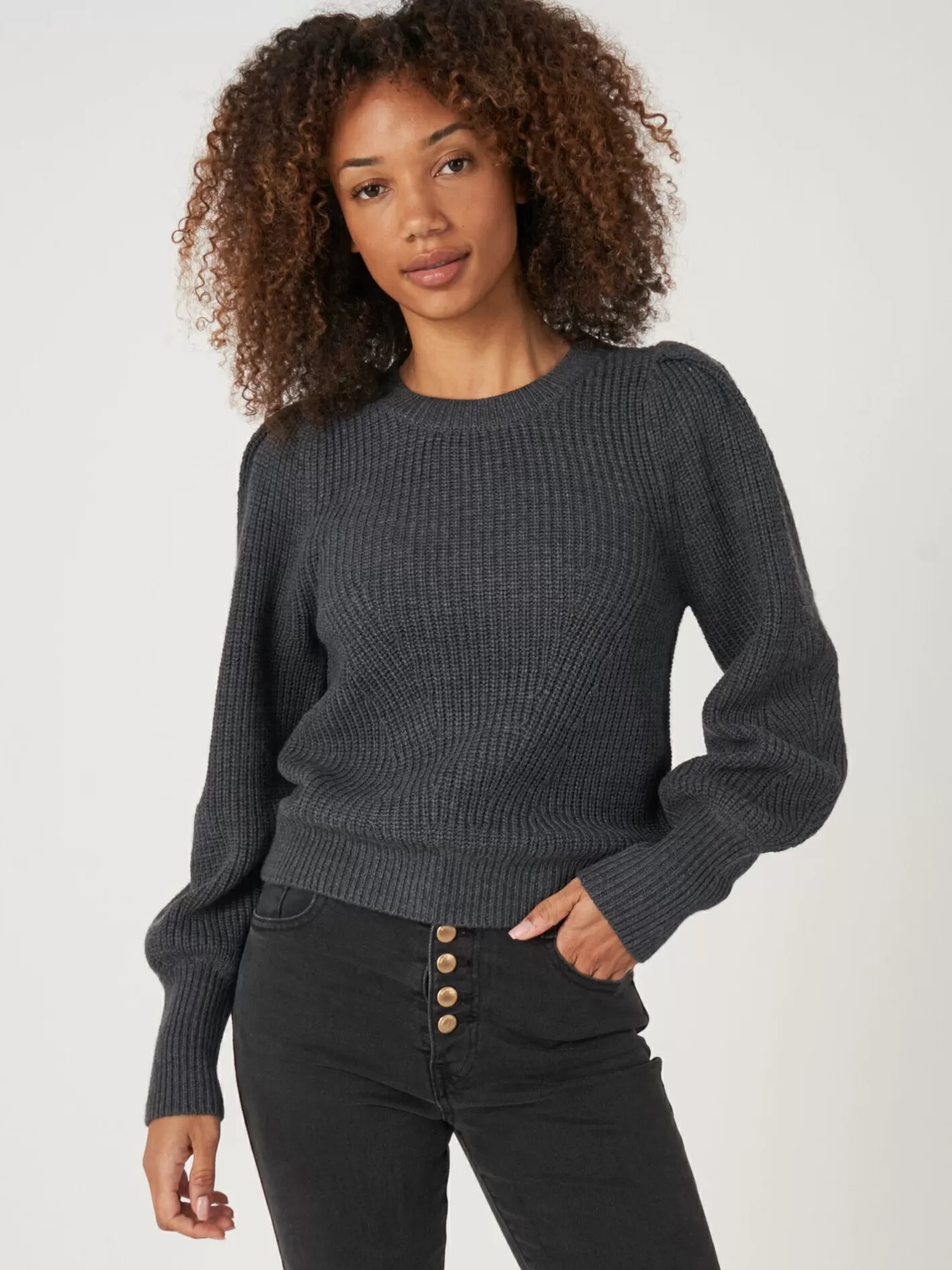 Sweaters<REPEAT cashmere Rib Knit Merino Wool Pullover With Pleated Shoulder Detail Dark Grey