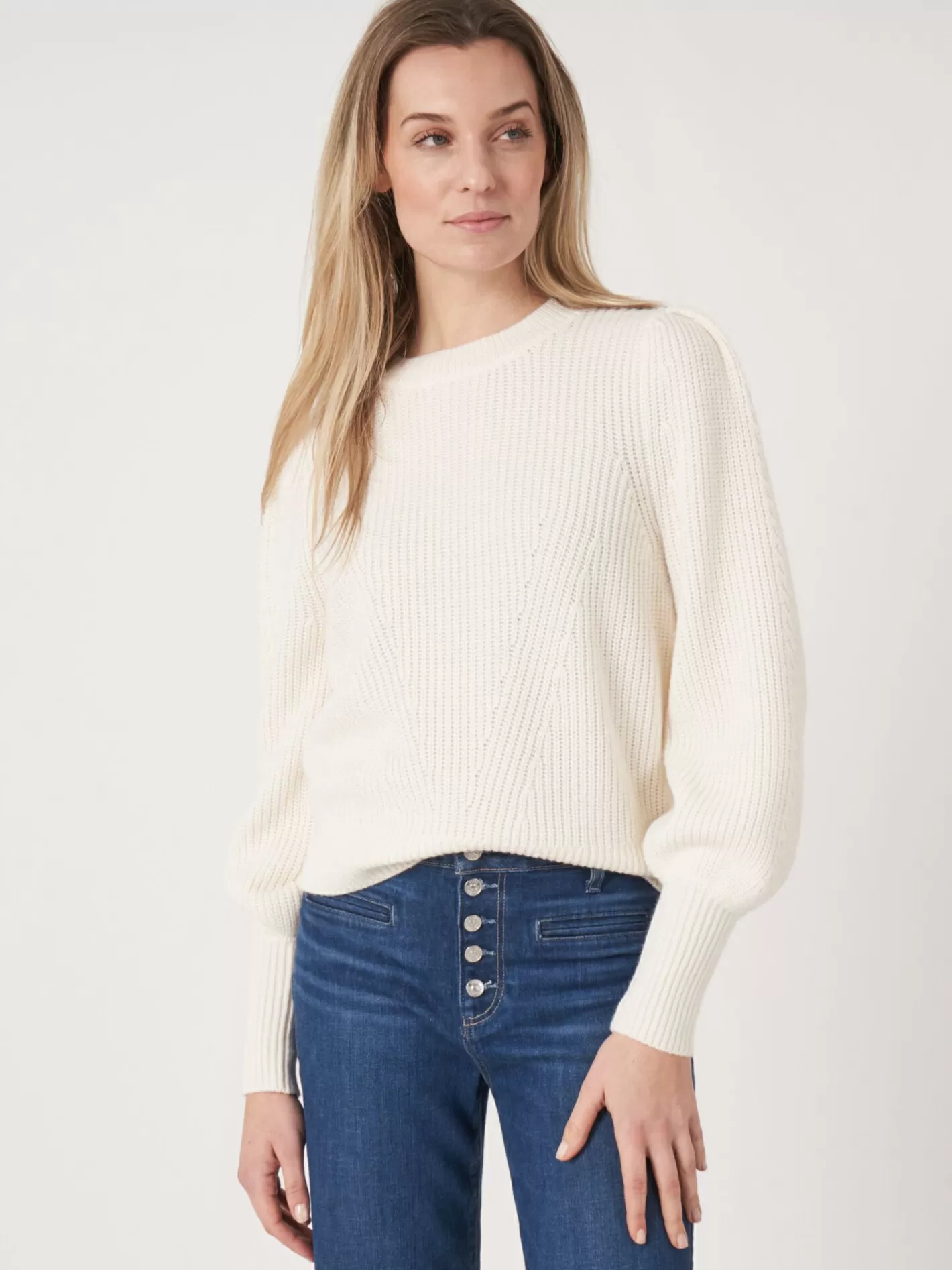 Sweaters<REPEAT cashmere Rib Knit Merino Wool Pullover With Pleated Shoulder Detail Cream