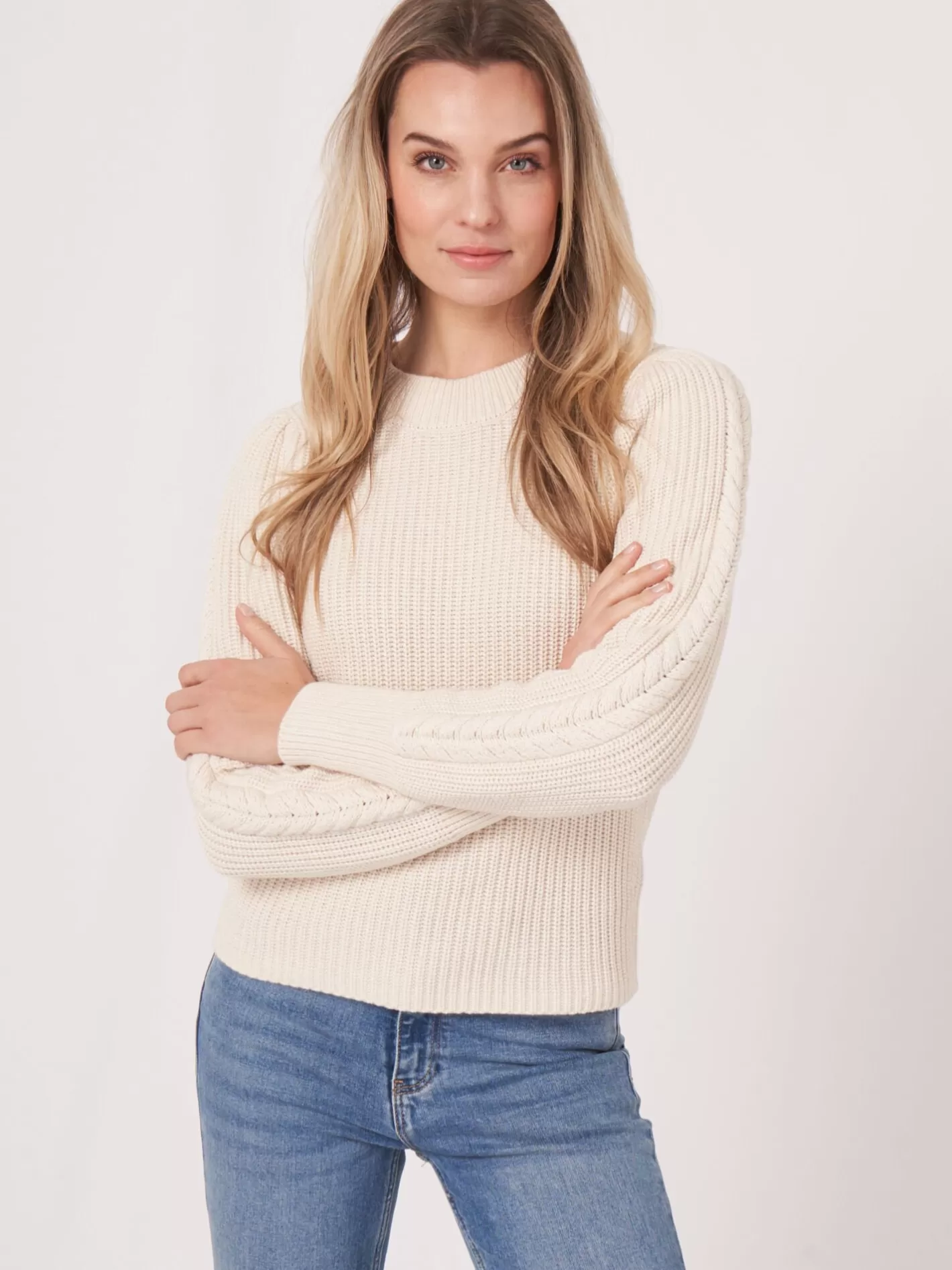 Sweaters<REPEAT cashmere Rib Knit Sweater With Puff Shoulders Ivory