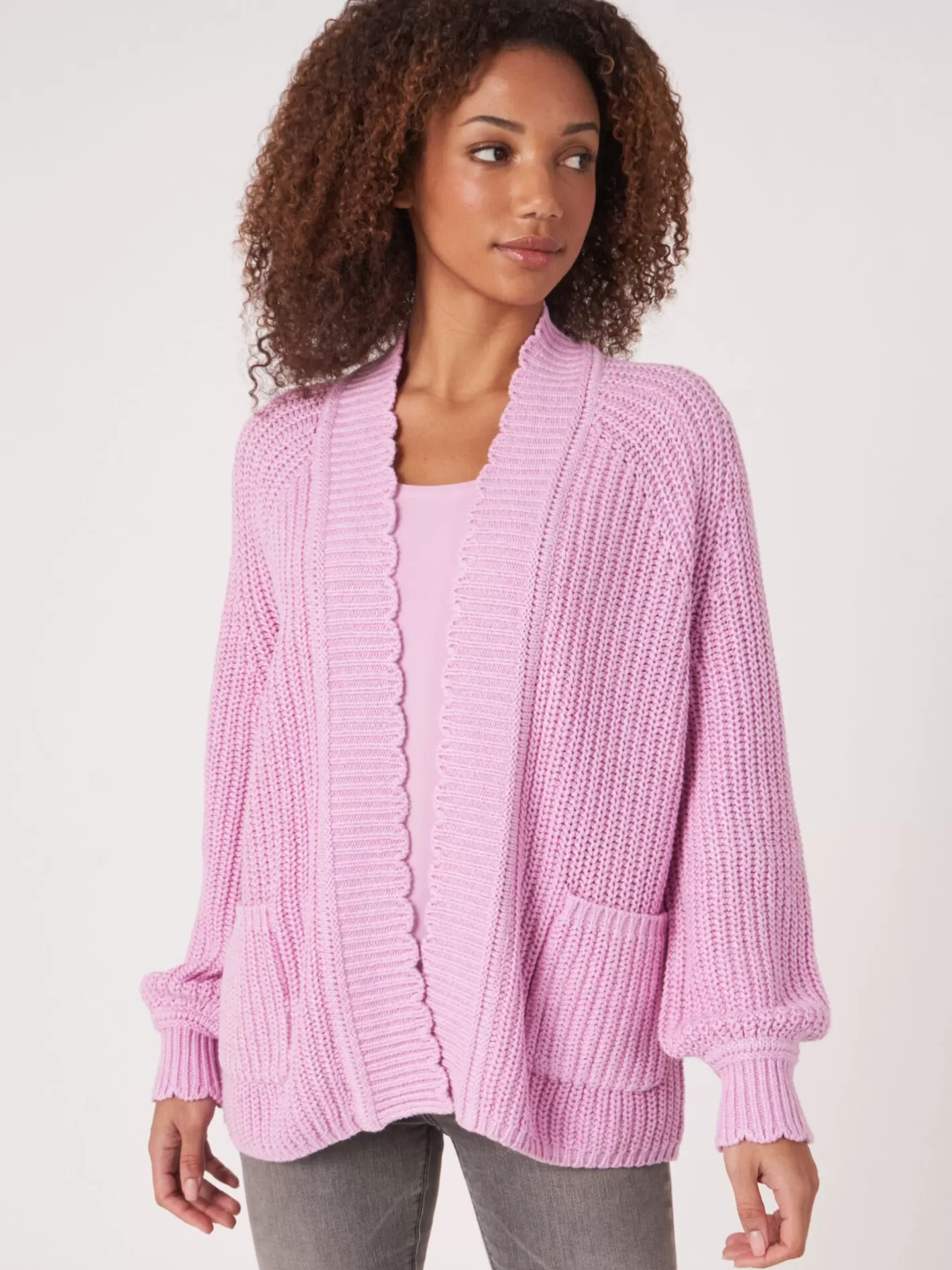 Cardigans<REPEAT cashmere Scalloped Hem Chunky Rib Knit Cardigan Orchid