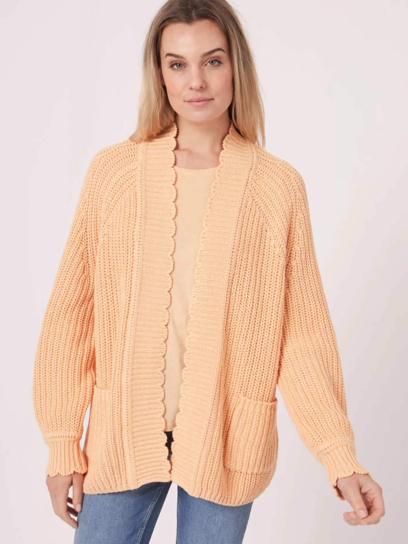 Cardigans<REPEAT cashmere Scalloped Hem Chunky Rib Knit Cardigan Glow