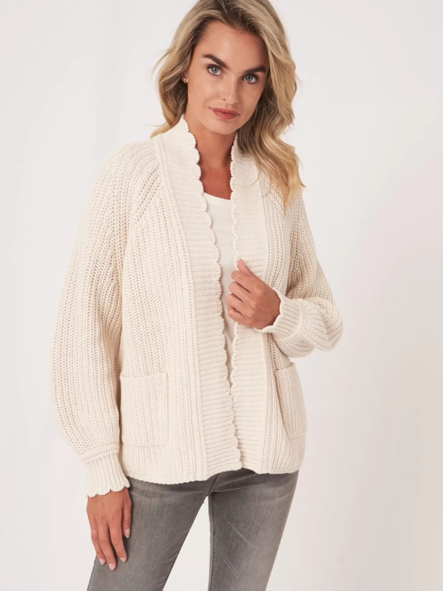 Cardigans<REPEAT cashmere Scalloped Hem Chunky Rib Knit Cardigan Ivory