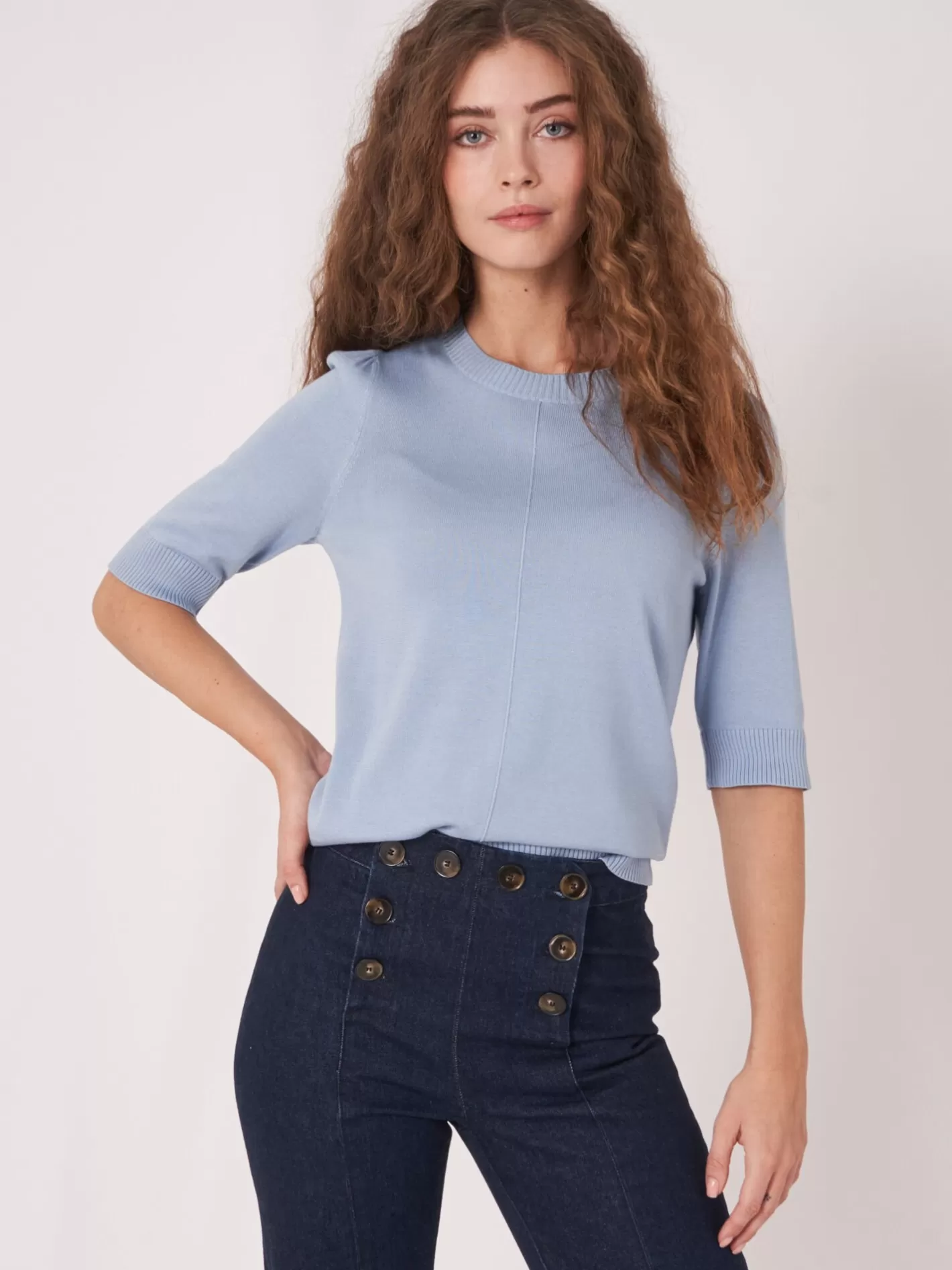 Sweaters<REPEAT cashmere Short Sleeve Cotton Blend Sweater Lt Blue