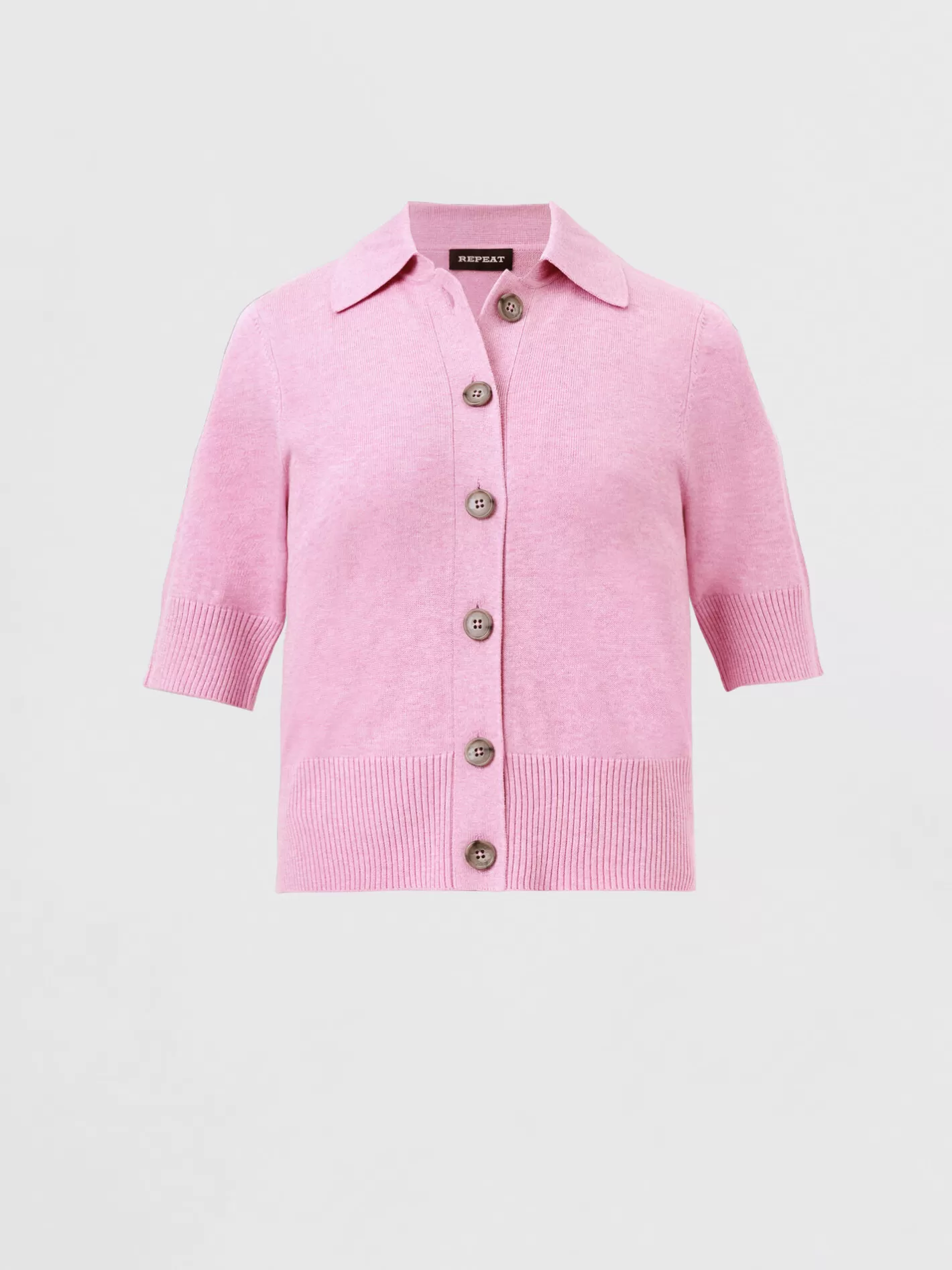 Repeats Favorites<REPEAT cashmere Short Sleeve Knitted Cardigan With Polo Neck Orchid