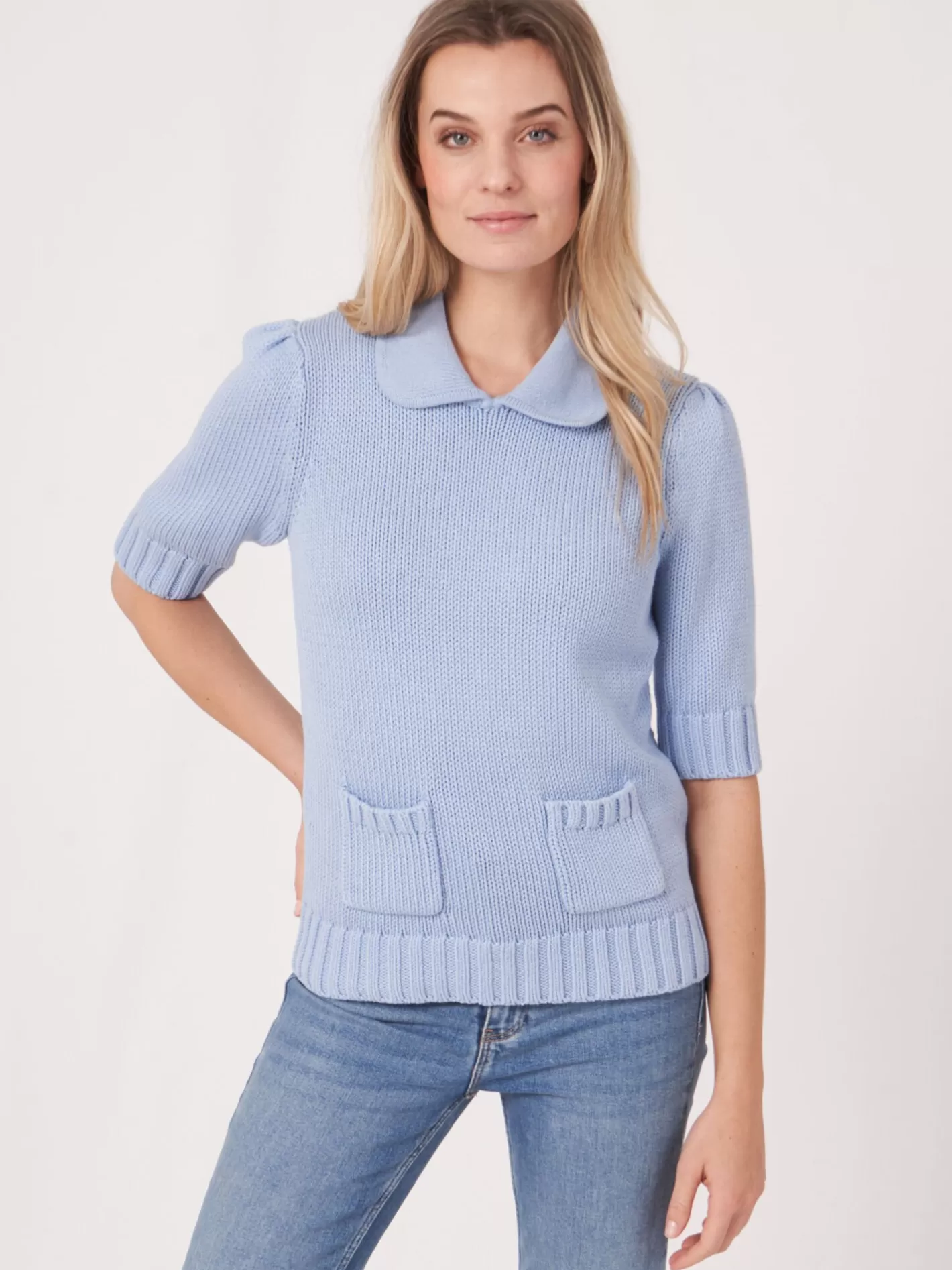 Sweaters<REPEAT cashmere Short Sleeve Sweater In Chunky Rib Knit Lt Blue