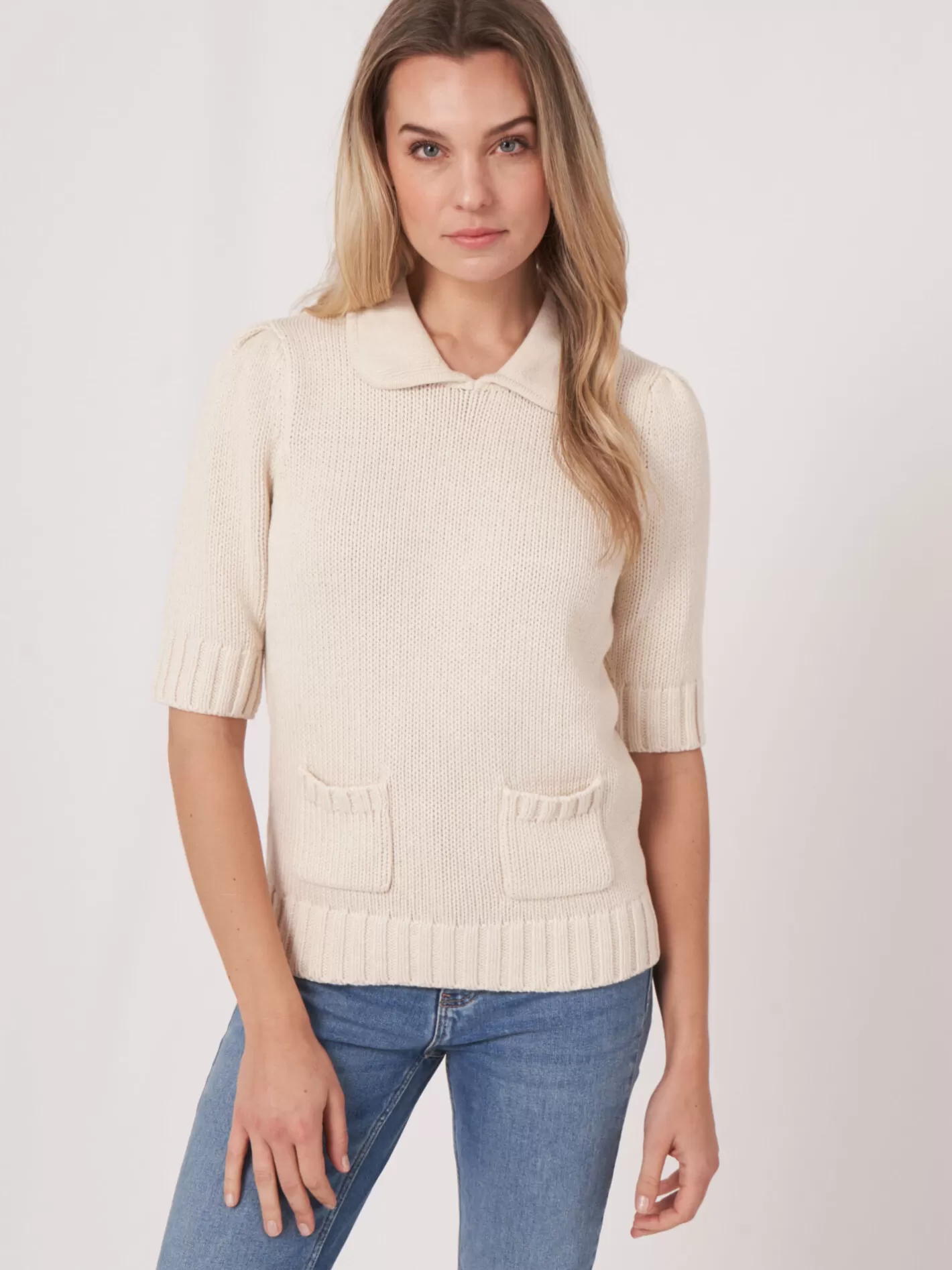 Sweaters<REPEAT cashmere Short Sleeve Sweater In Chunky Rib Knit Ivory