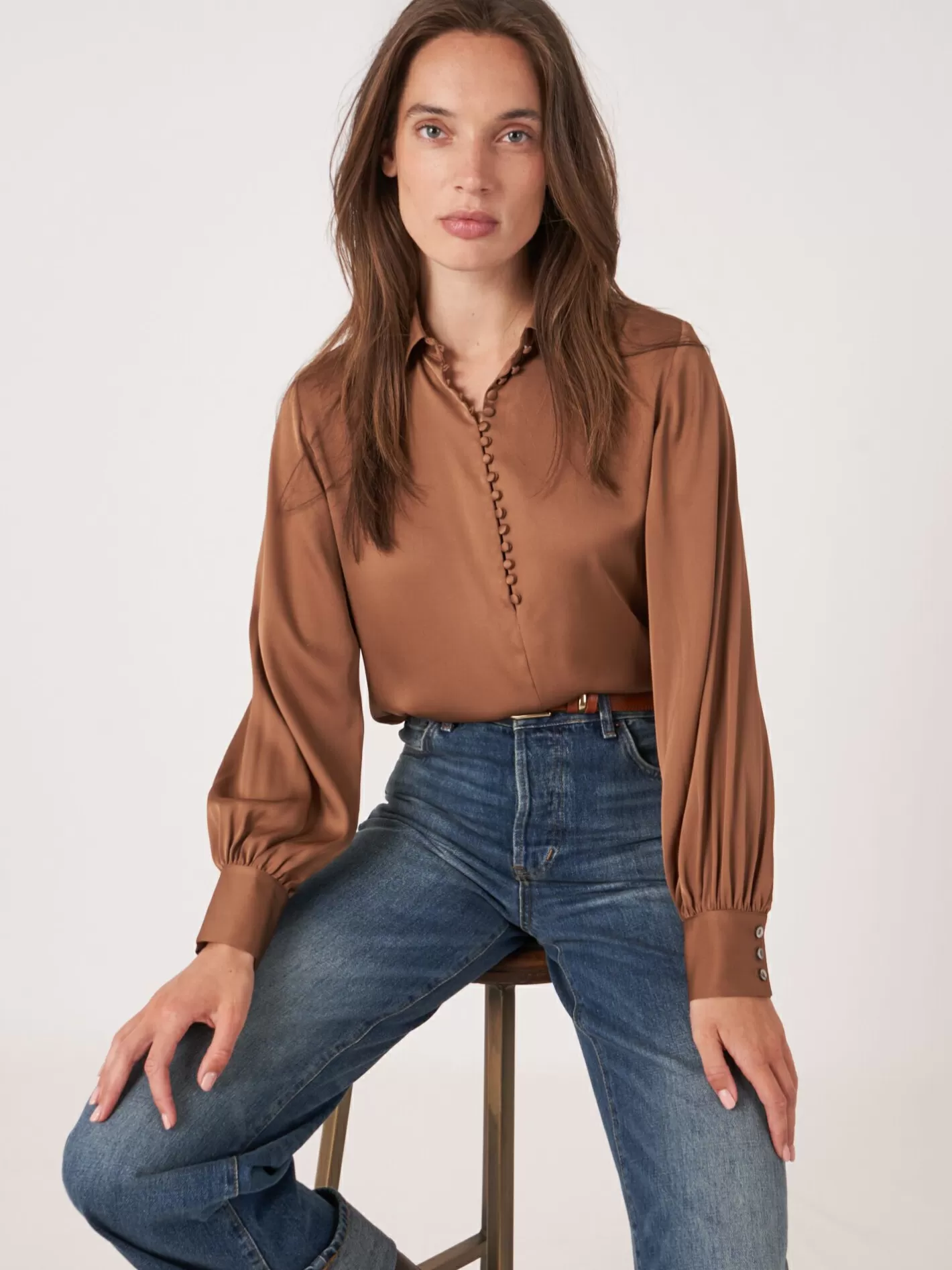 Blouses<REPEAT cashmere Silk Shirt With Button Loop Closure Hazel