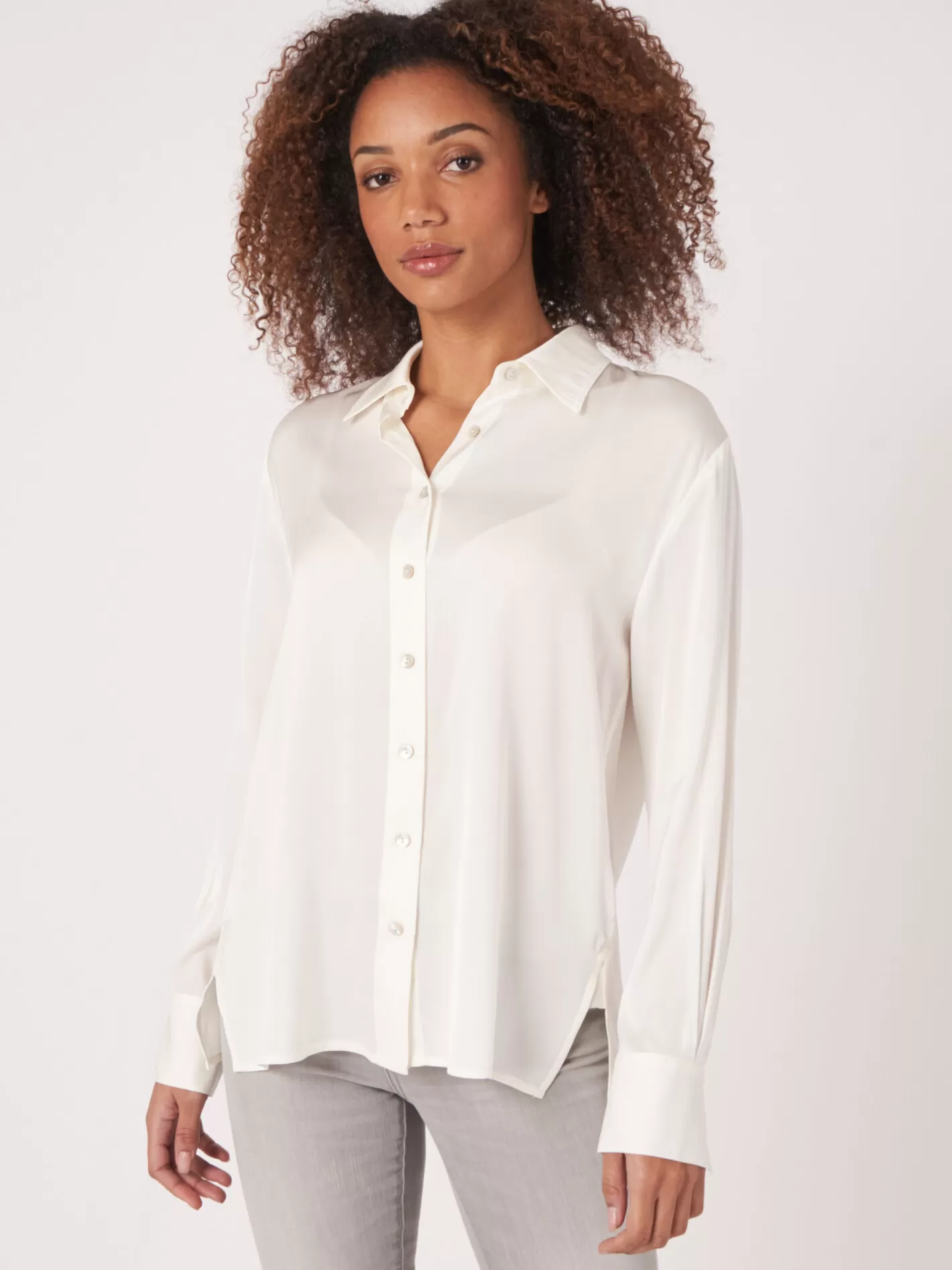 Blouses<REPEAT cashmere Silk Shirt With Chest Pocket And Side Slits Cream