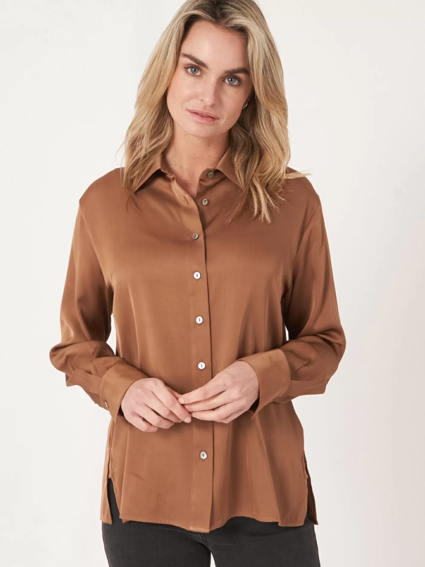 Blouses<REPEAT cashmere Silk Shirt With Chest Pocket And Side Slits Hazel