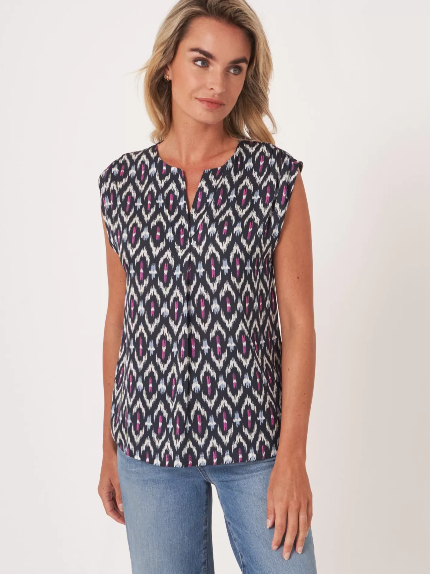 Tops<REPEAT cashmere Silk Top With Ikat Print Navy