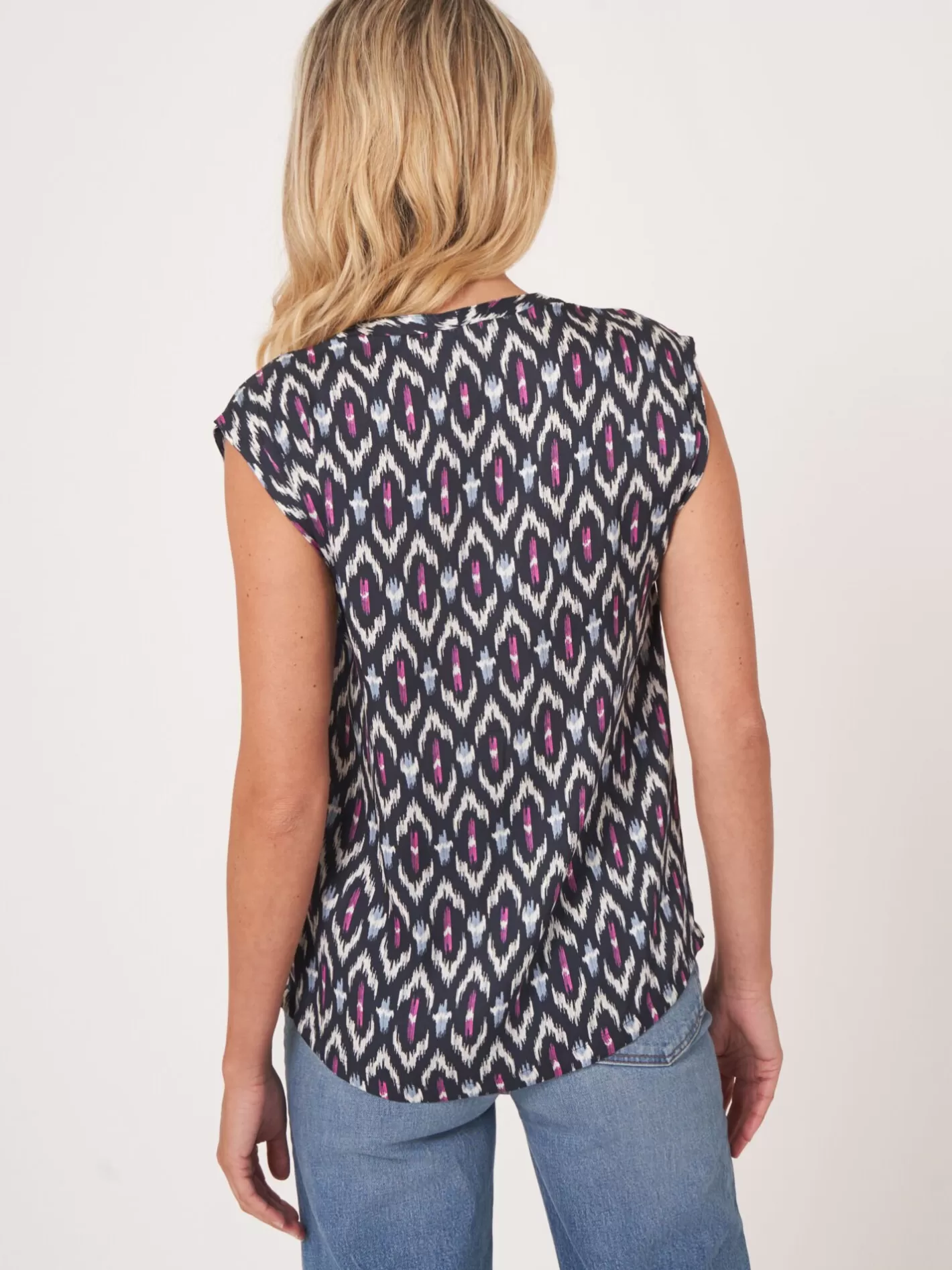 Tops<REPEAT cashmere Silk Top With Ikat Print Navy