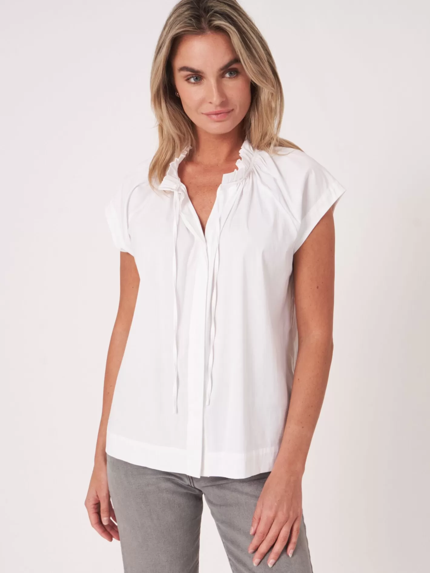 Blouses<REPEAT cashmere Sleeves Blouse With Gathered Neckline And Tie White