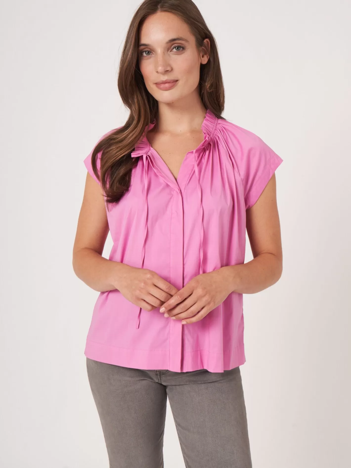 Blouses<REPEAT cashmere Sleeves Blouse With Gathered Neckline And Tie Blossom