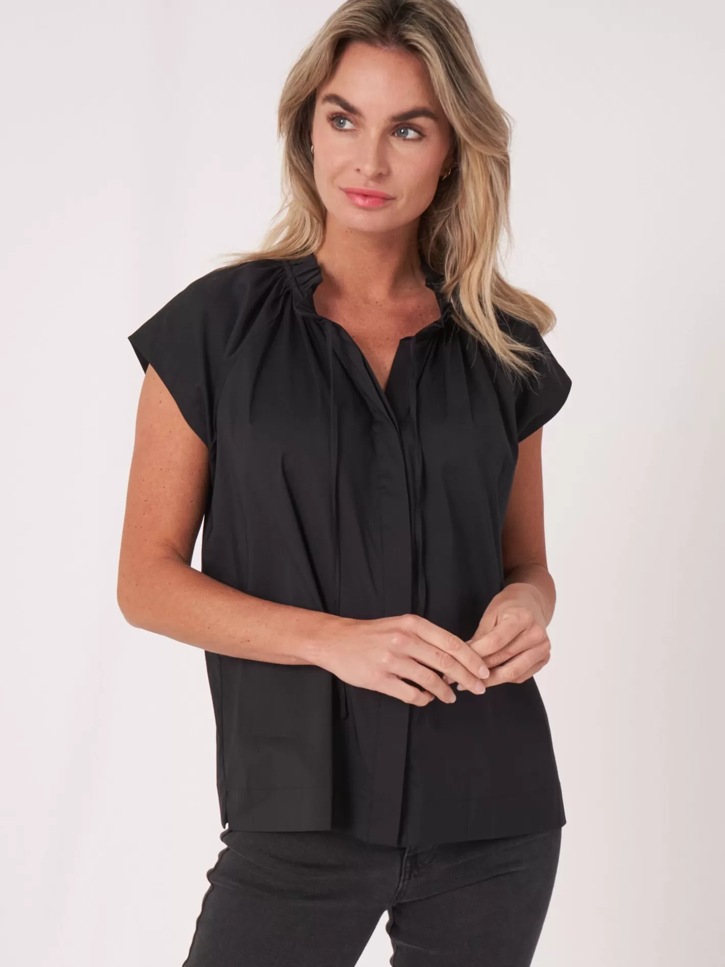 Blouses<REPEAT cashmere Sleeves Blouse With Gathered Neckline And Tie Black