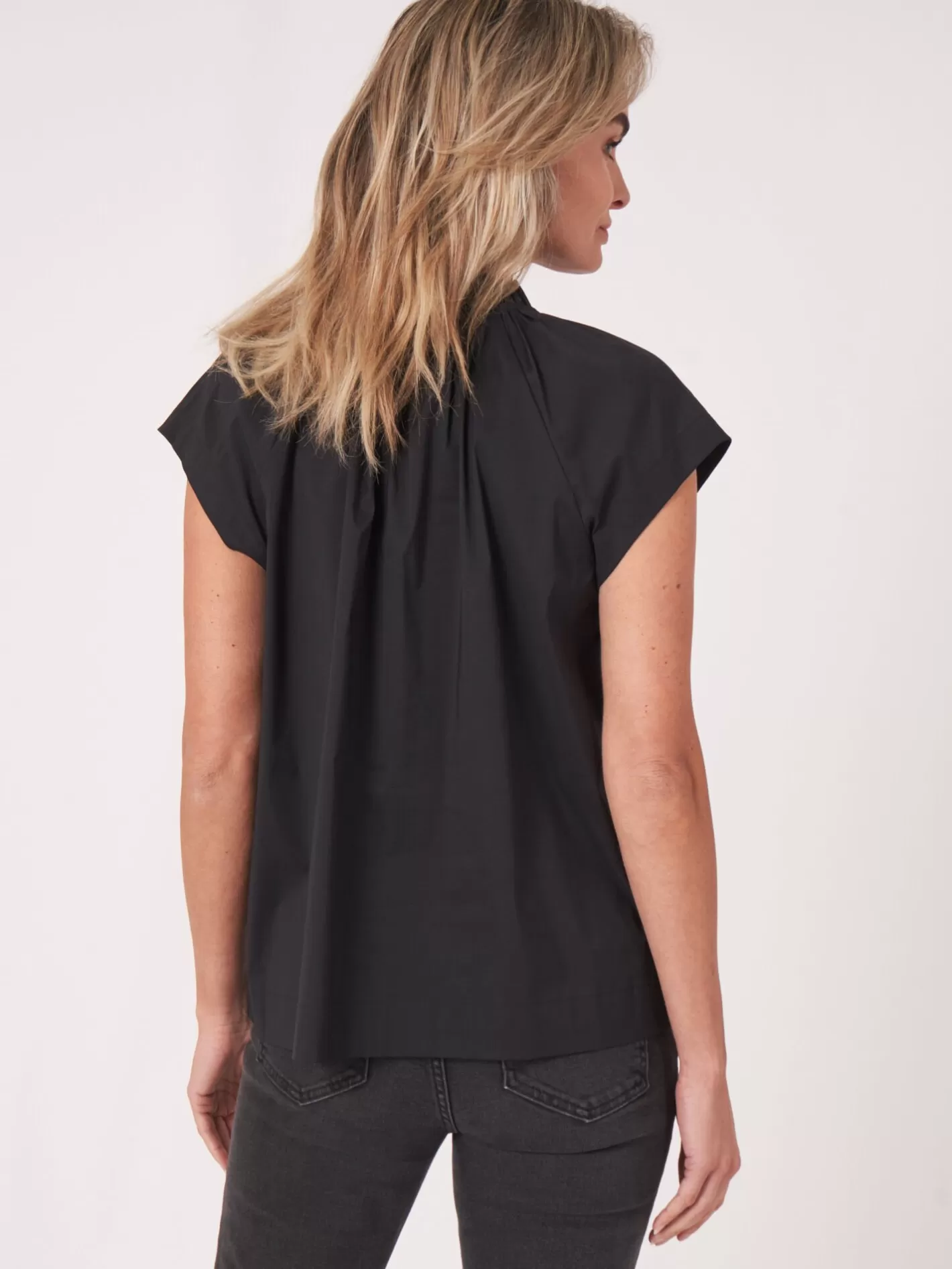 Blouses<REPEAT cashmere Sleeves Blouse With Gathered Neckline And Tie Black