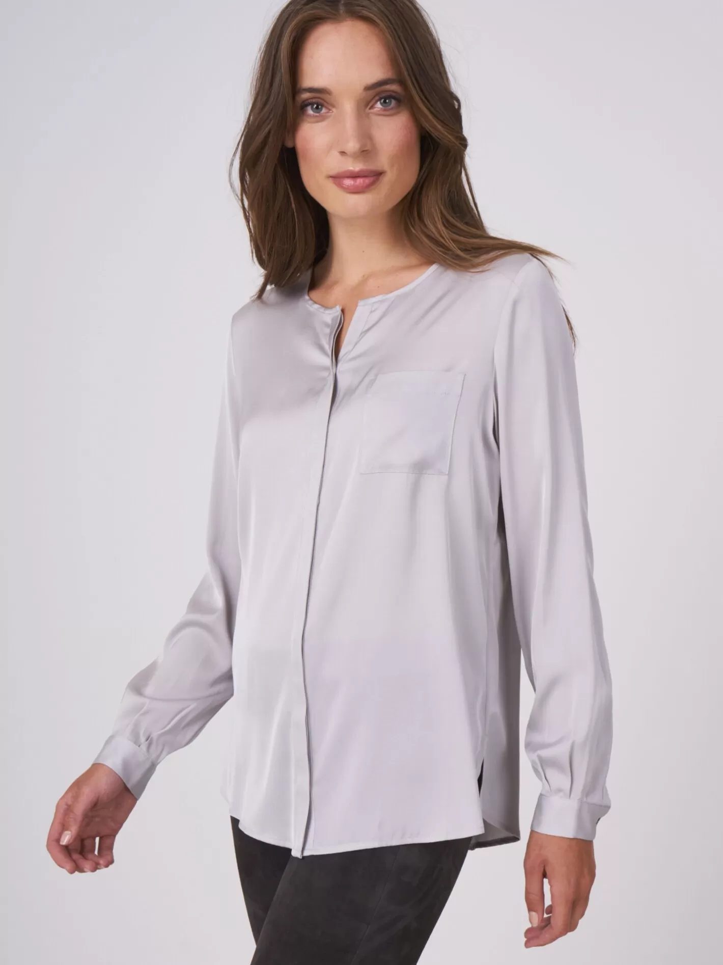 Blouses<REPEAT cashmere Split Neck Silk Blouse Light Grey