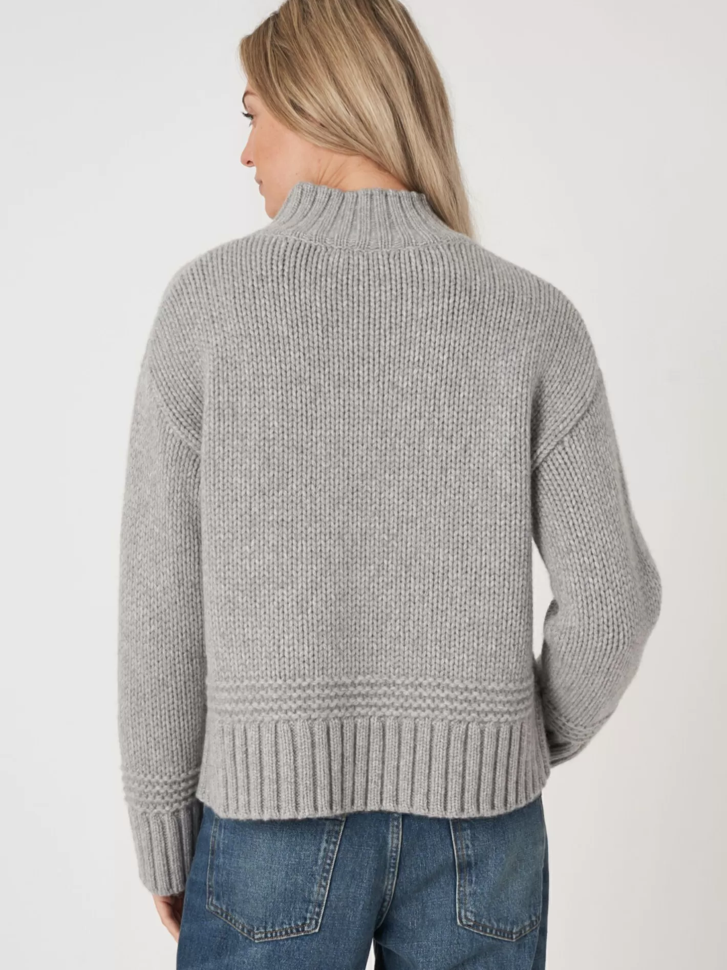 Sweaters<REPEAT cashmere Stand Collar Sweater With Ribbed Hem With Fancy Knit Details Light Grey