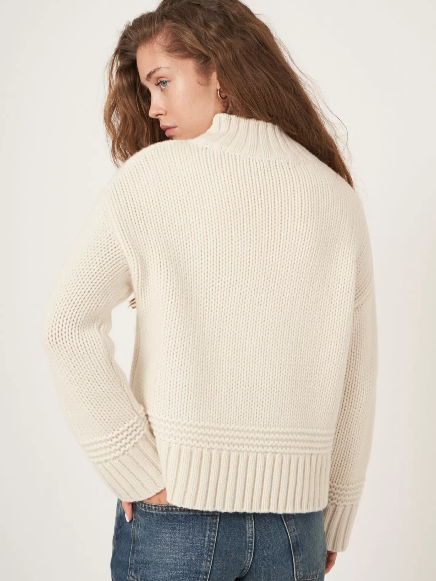 Sweaters<REPEAT cashmere Stand Collar Sweater With Ribbed Hem With Fancy Knit Details Cream