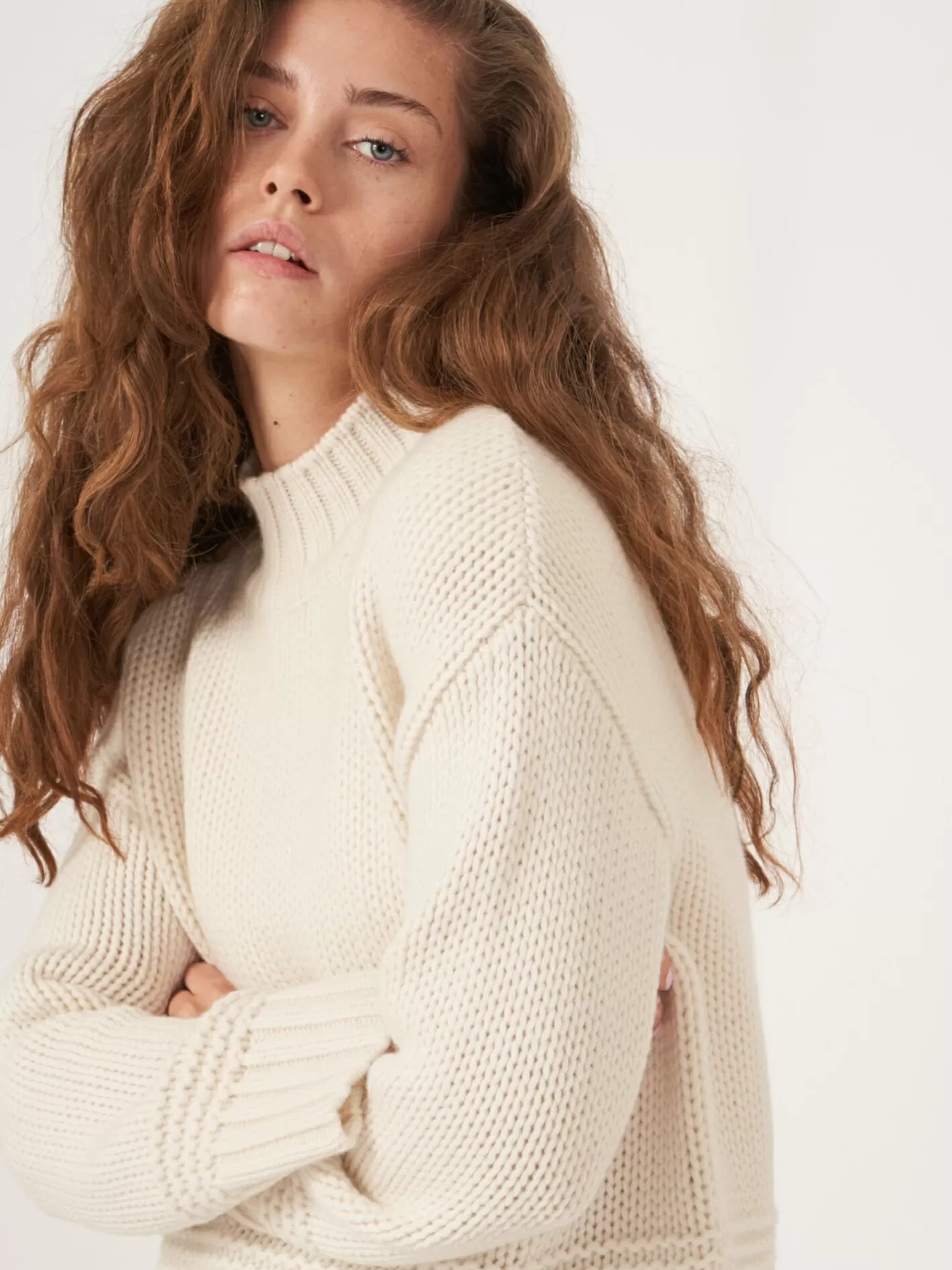 Sweaters<REPEAT cashmere Stand Collar Sweater With Ribbed Hem With Fancy Knit Details Cream