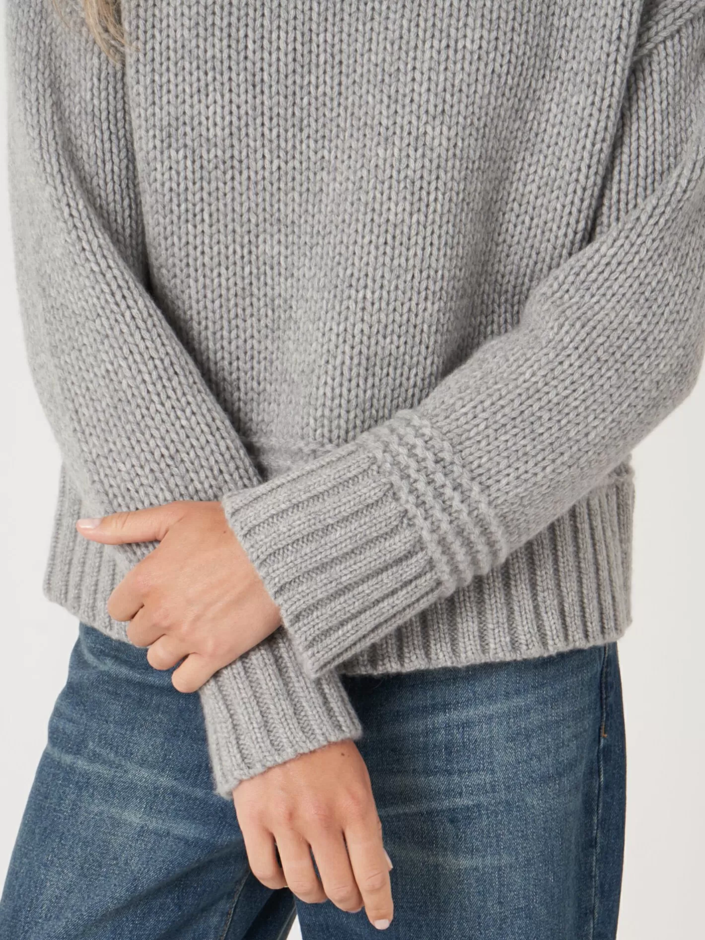 Sweaters<REPEAT cashmere Stand Collar Sweater With Ribbed Hem With Fancy Knit Details Light Grey
