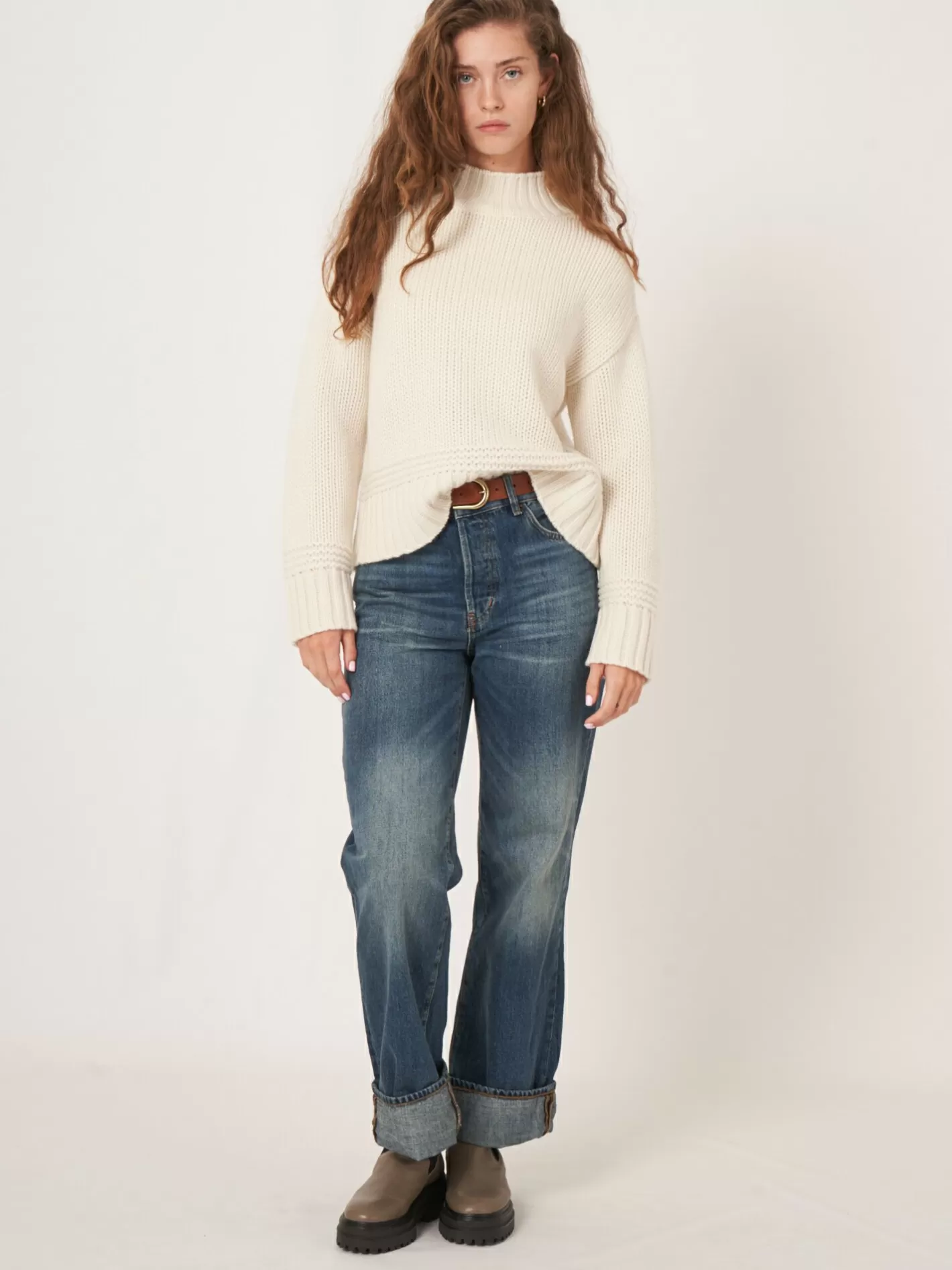Sweaters<REPEAT cashmere Stand Collar Sweater With Ribbed Hem With Fancy Knit Details Cream