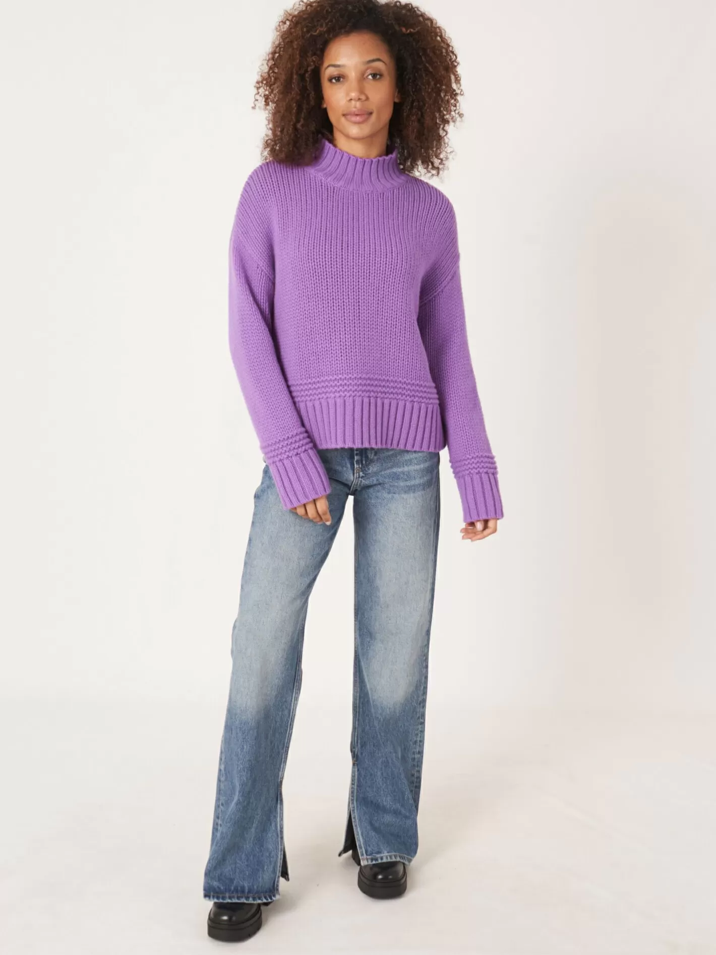 Sweaters<REPEAT cashmere Stand Collar Sweater With Ribbed Hem With Fancy Knit Details Lilac