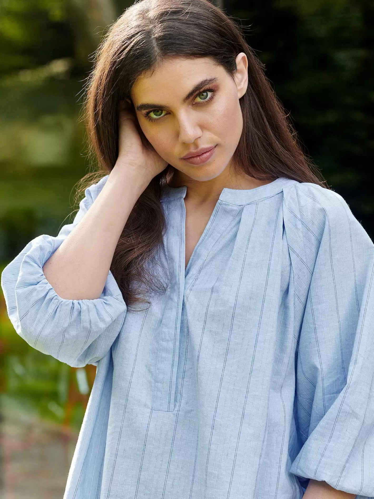 Repeats Favorites<REPEAT cashmere Striped Linen Blend Blouse With Gathered Sleeve Lt. Blue