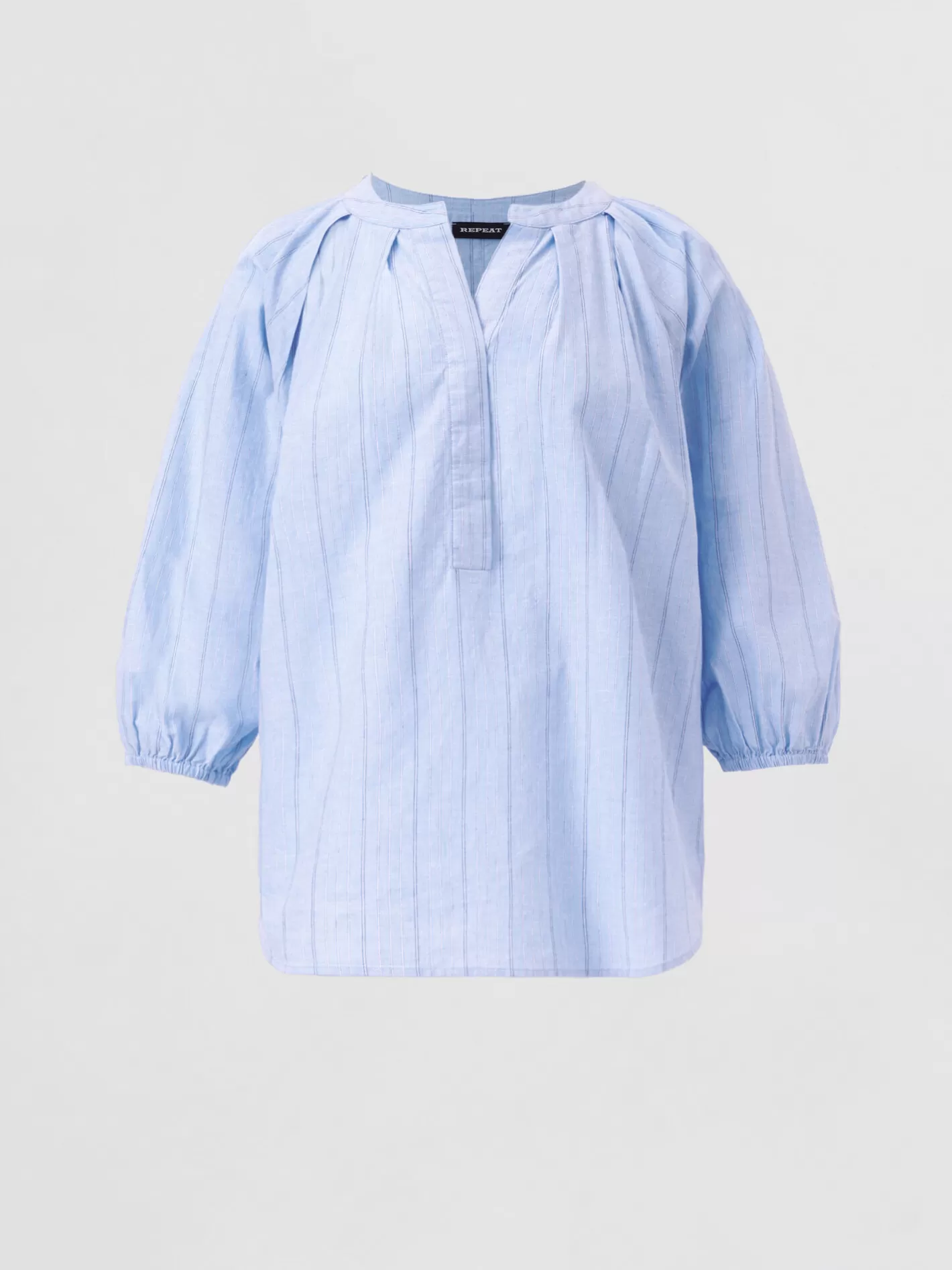 Repeats Favorites<REPEAT cashmere Striped Linen Blend Blouse With Gathered Sleeve Lt. Blue