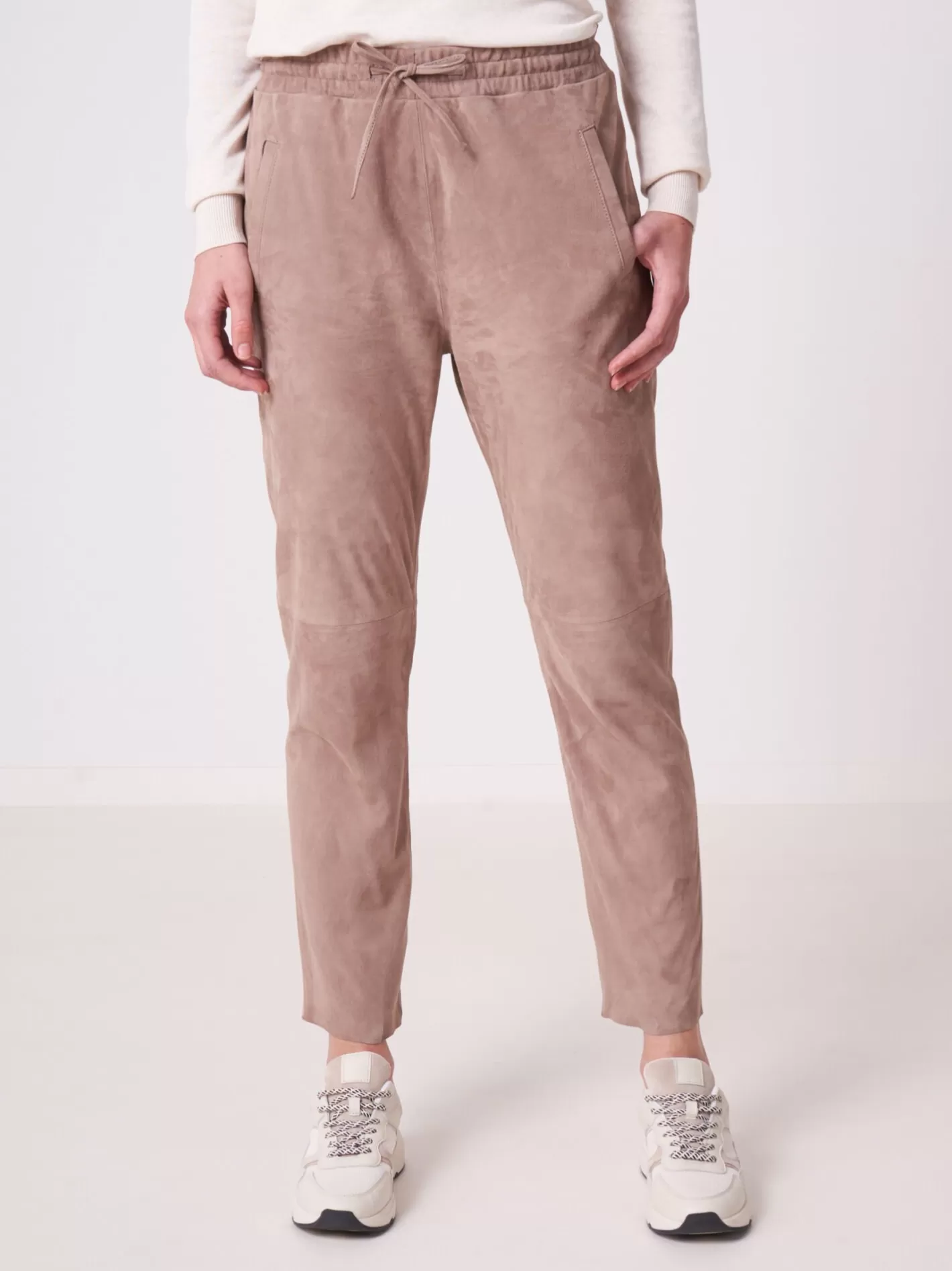 Leather<REPEAT cashmere Suede Leather Pants With Elastic Waist Taupe