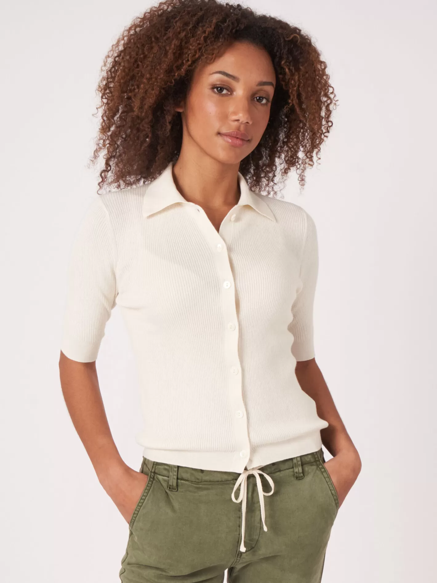 Cardigans<REPEAT cashmere Super Fine Rib Knit Polo Neck Cardigan With Short Sleeves Cream