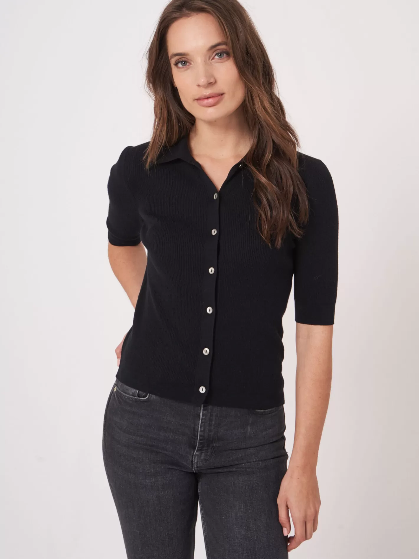 Cardigans<REPEAT cashmere Super Fine Rib Knit Polo Neck Cardigan With Short Sleeves Black