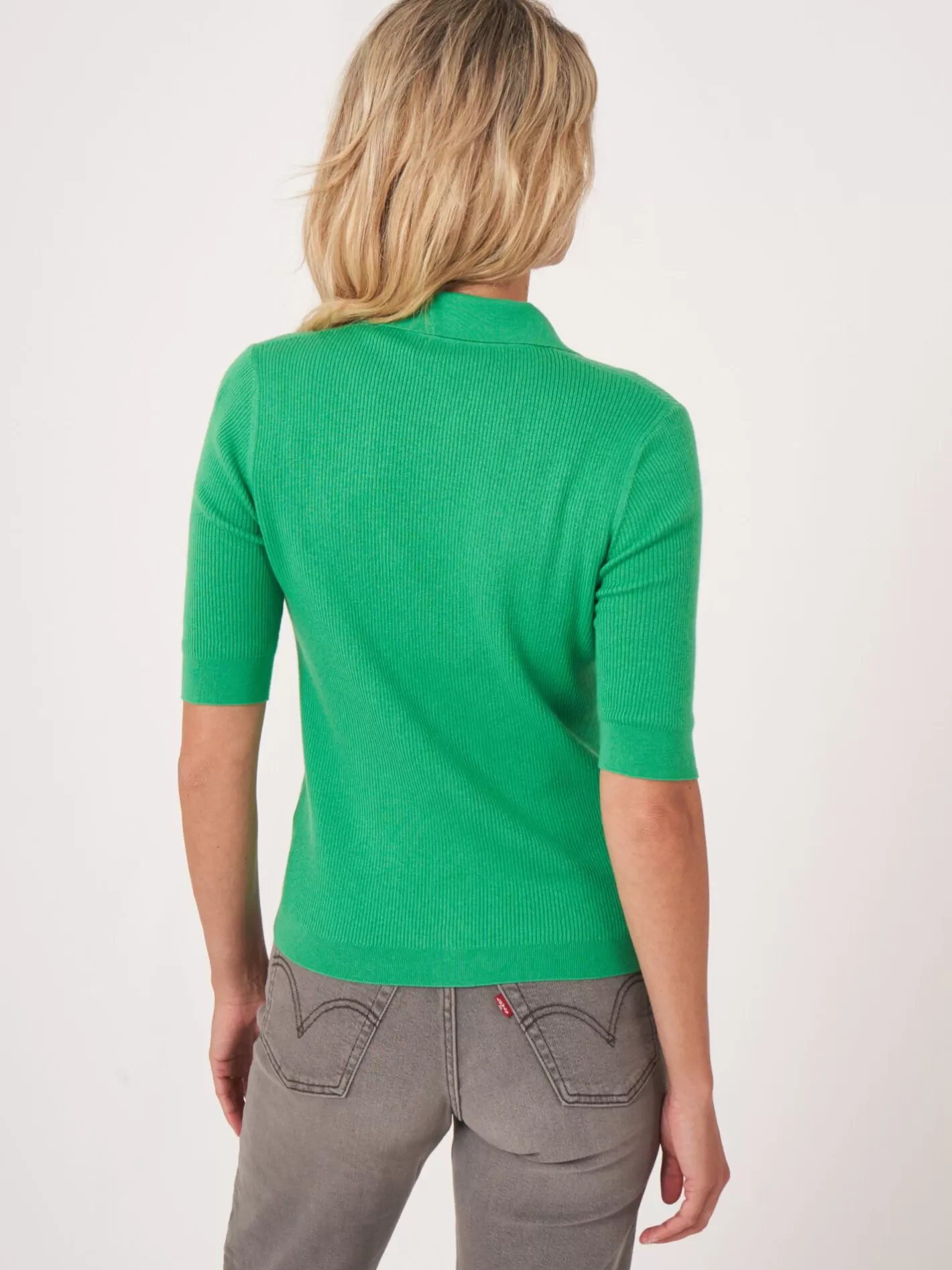 Cardigans<REPEAT cashmere Super Fine Rib Knit Polo Neck Cardigan With Short Sleeves Basil